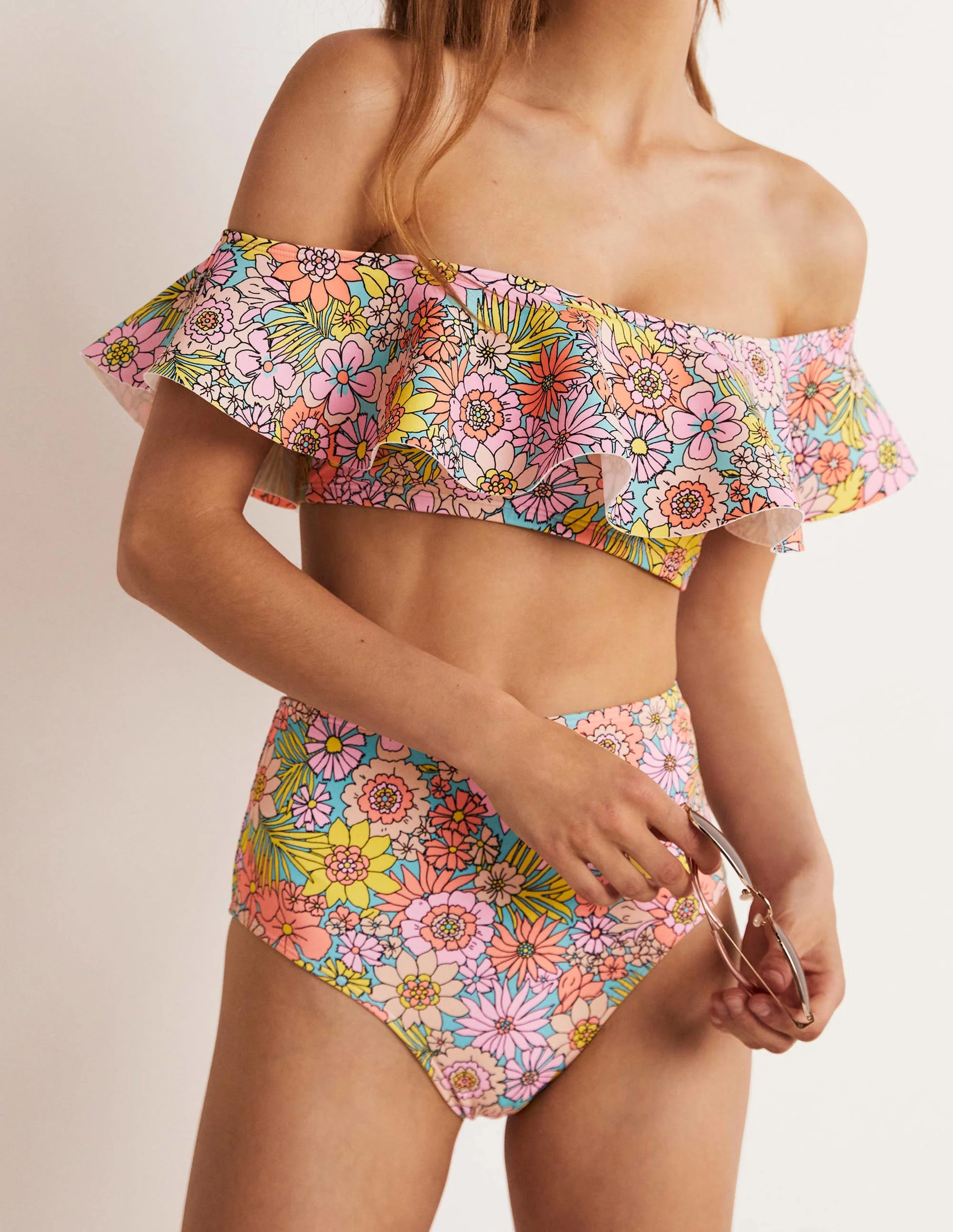 Siena Ruffle Bardot Bikini Top-Bonbon, Bloom Garden - Image 11