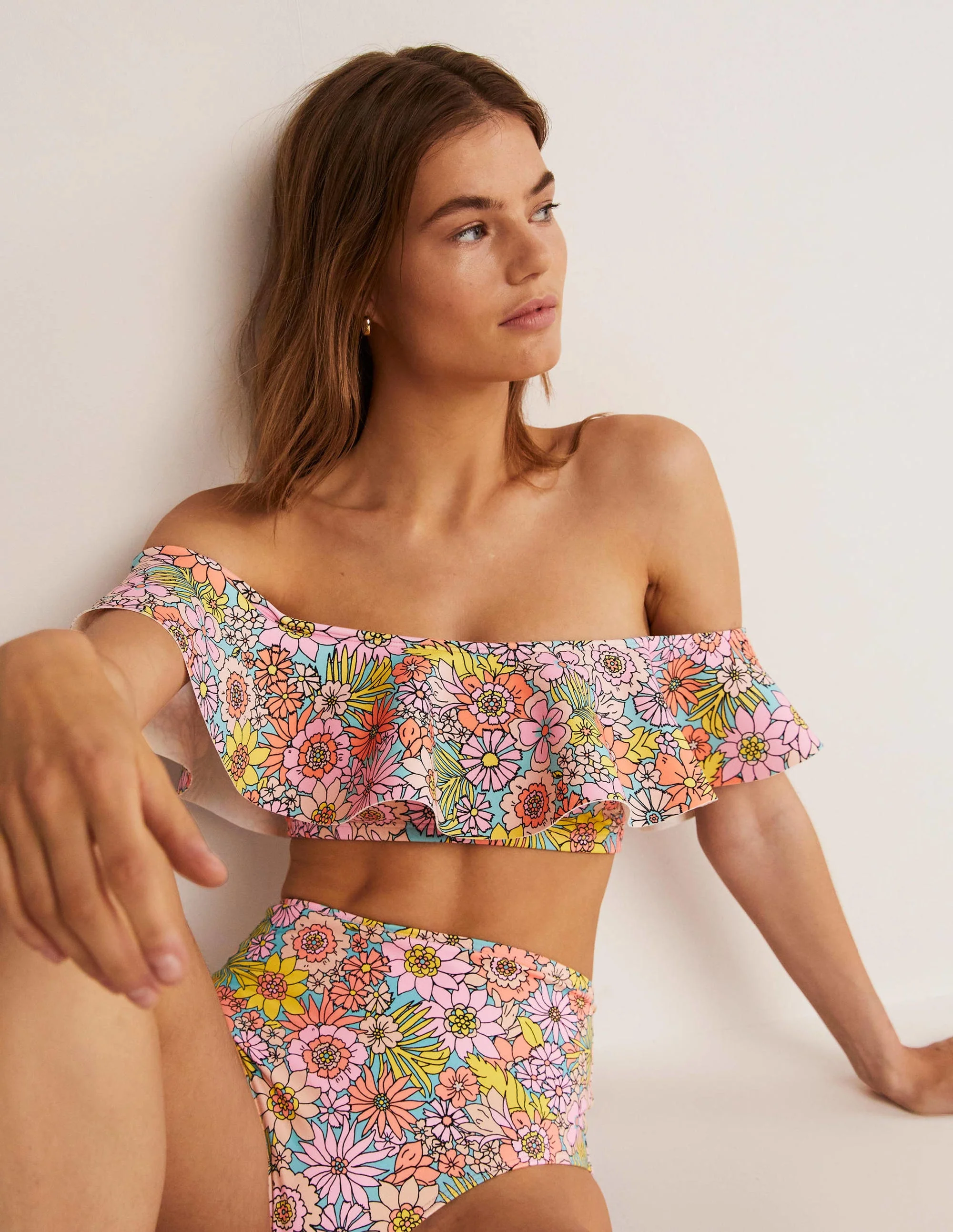Siena Ruffle Bardot Bikini Top-Bonbon, Bloom Garden - Image 7