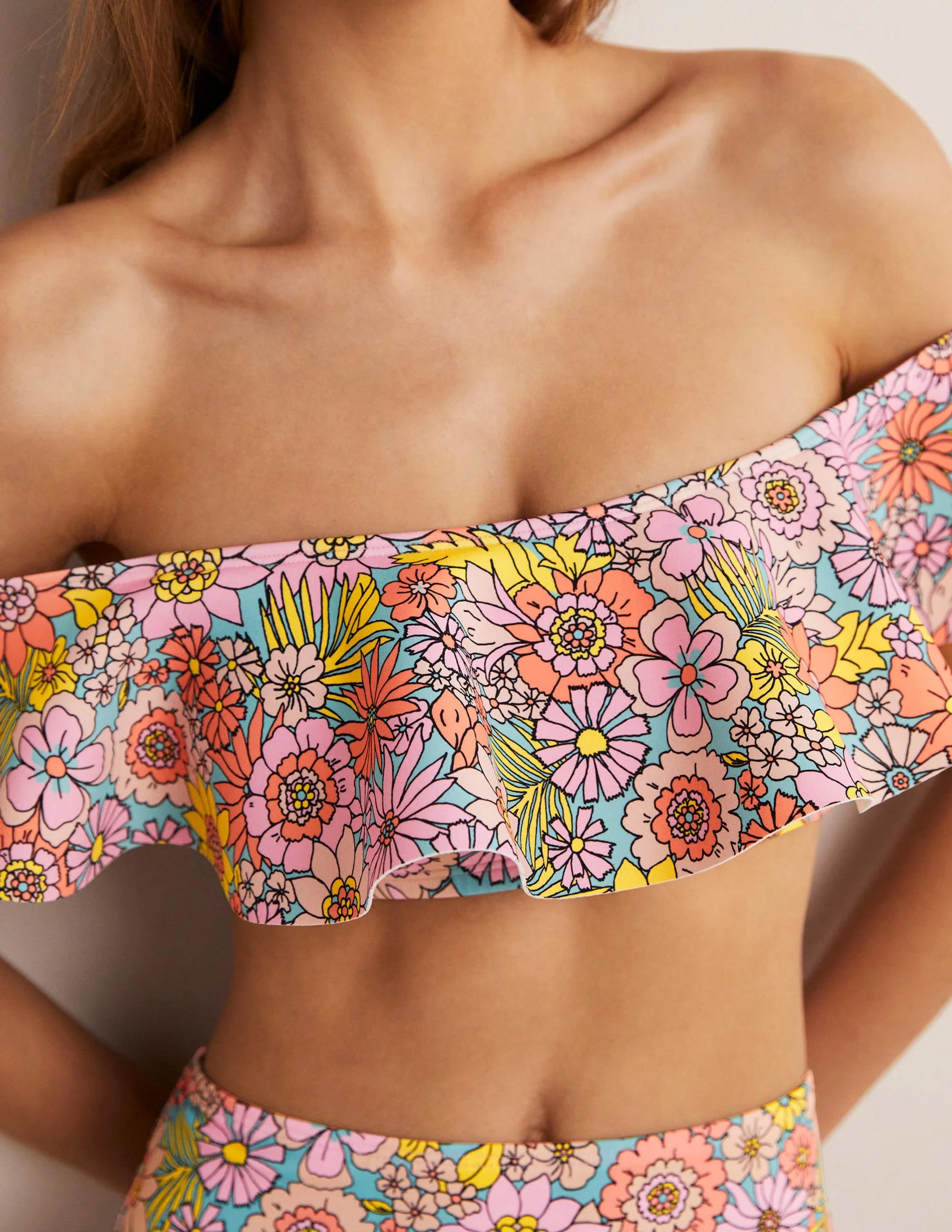 Siena Ruffle Bardot Bikini Top-Bonbon, Bloom Garden - Image 8