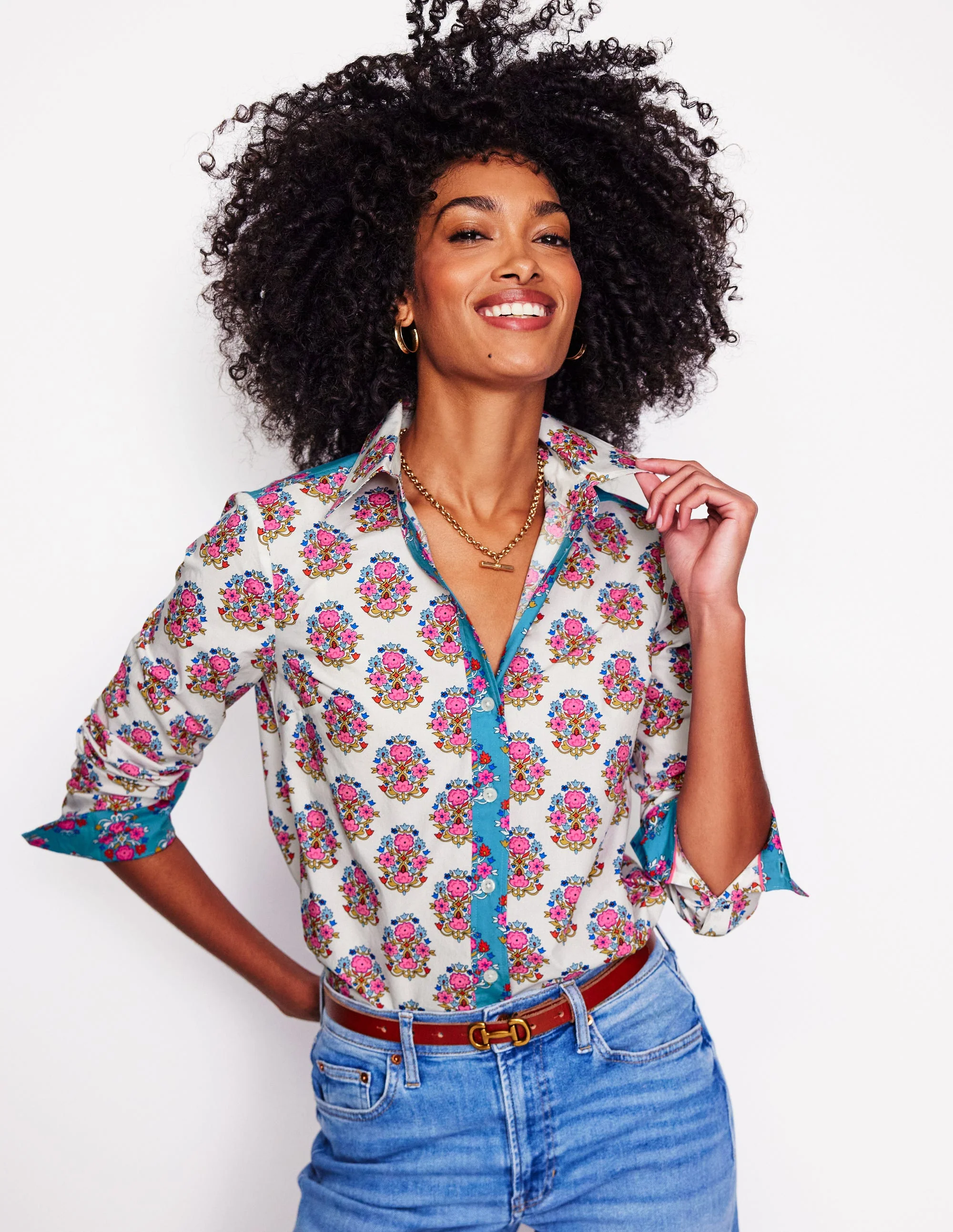 Sienna Cotton Shirt-Ivory, Wildflower Stamp