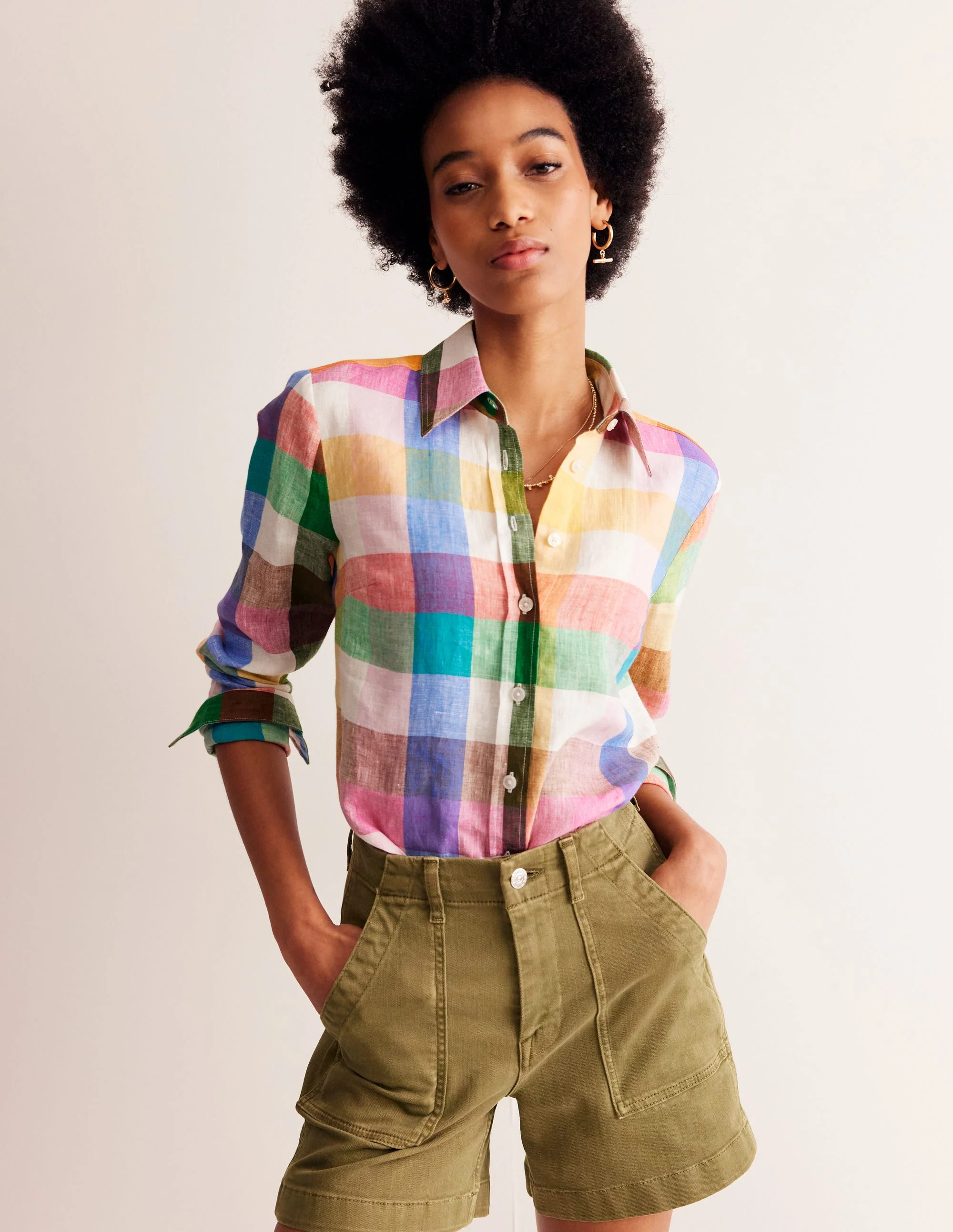 Sienna Linen Shirt-Bright Neon, Multi Gingham - Image 4