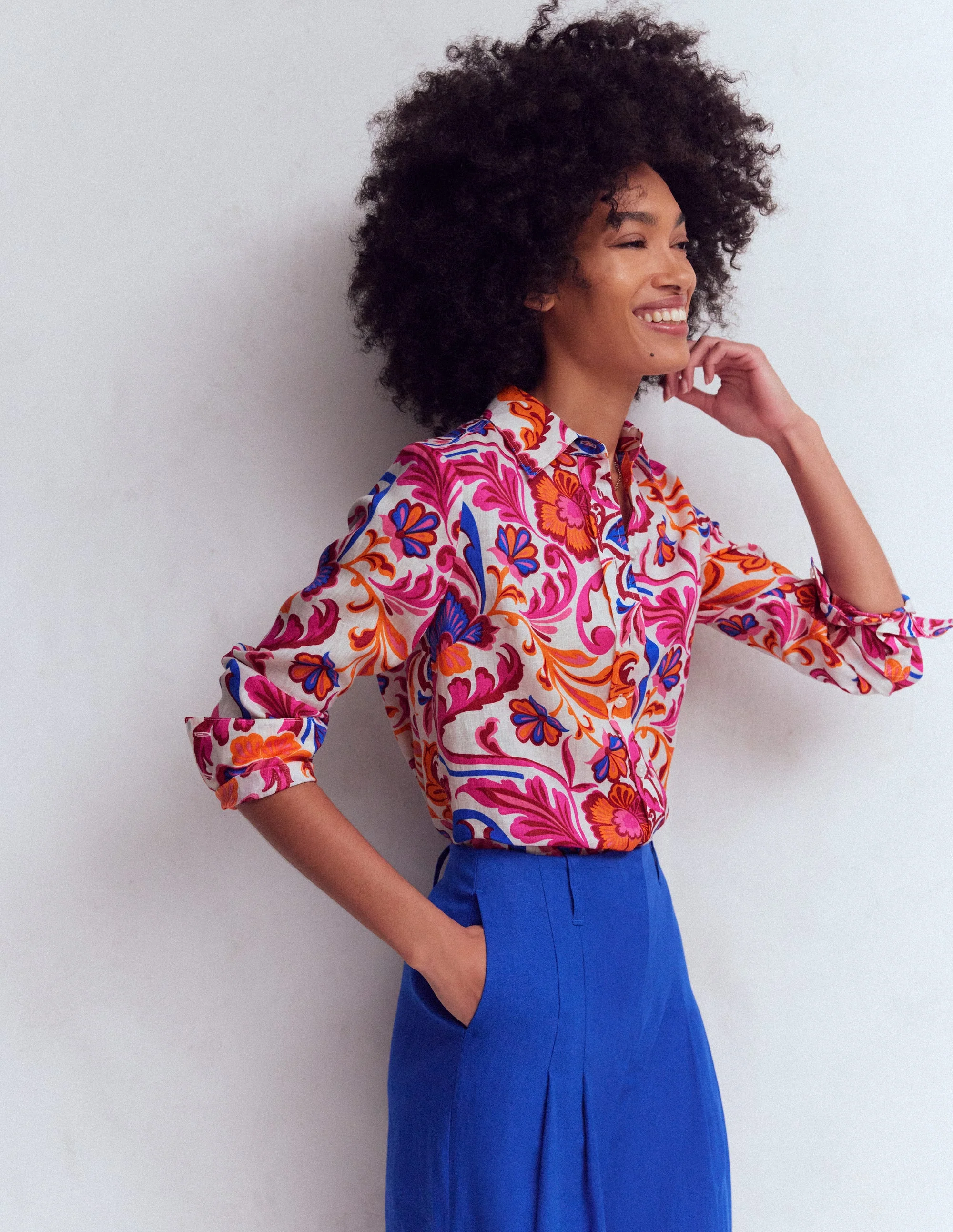 Sienna Linen Shirt-Pink Punch, Flourishing Meadow - Image 5
