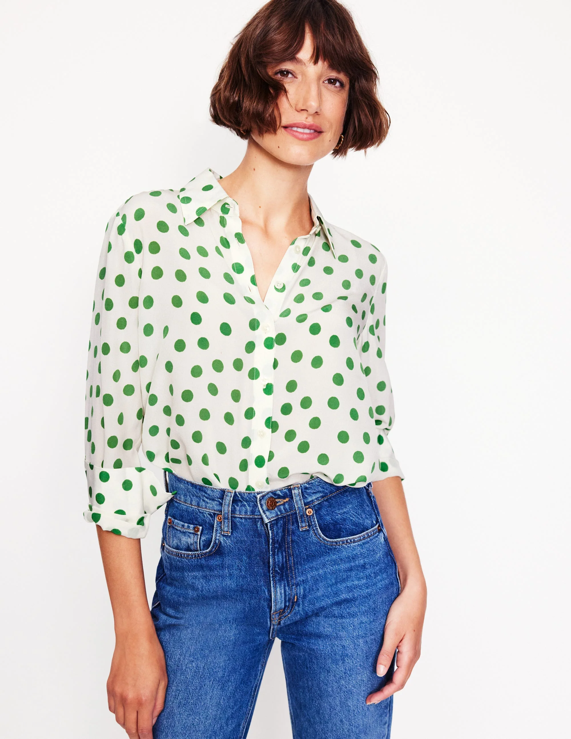 Sienna Silk Shirt-Ivory, Green Abstract Dot - Image 4