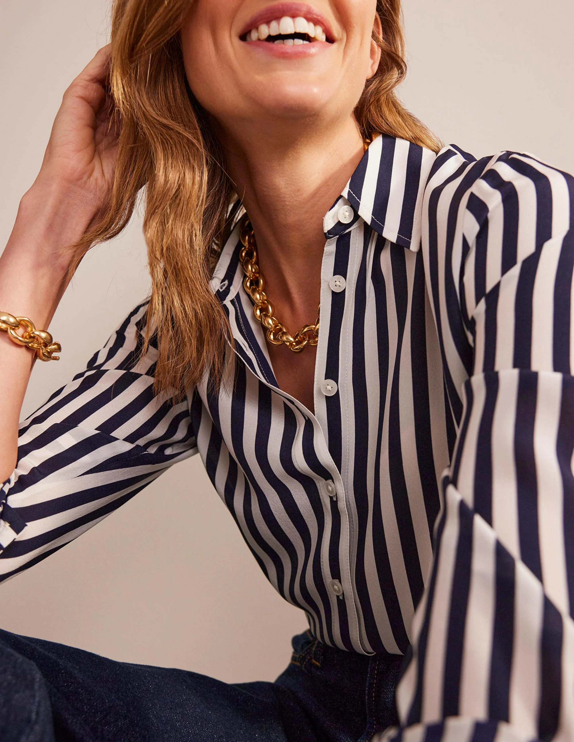Sienna Silk Shirt-Ivory, Navy Stripe - Image 2