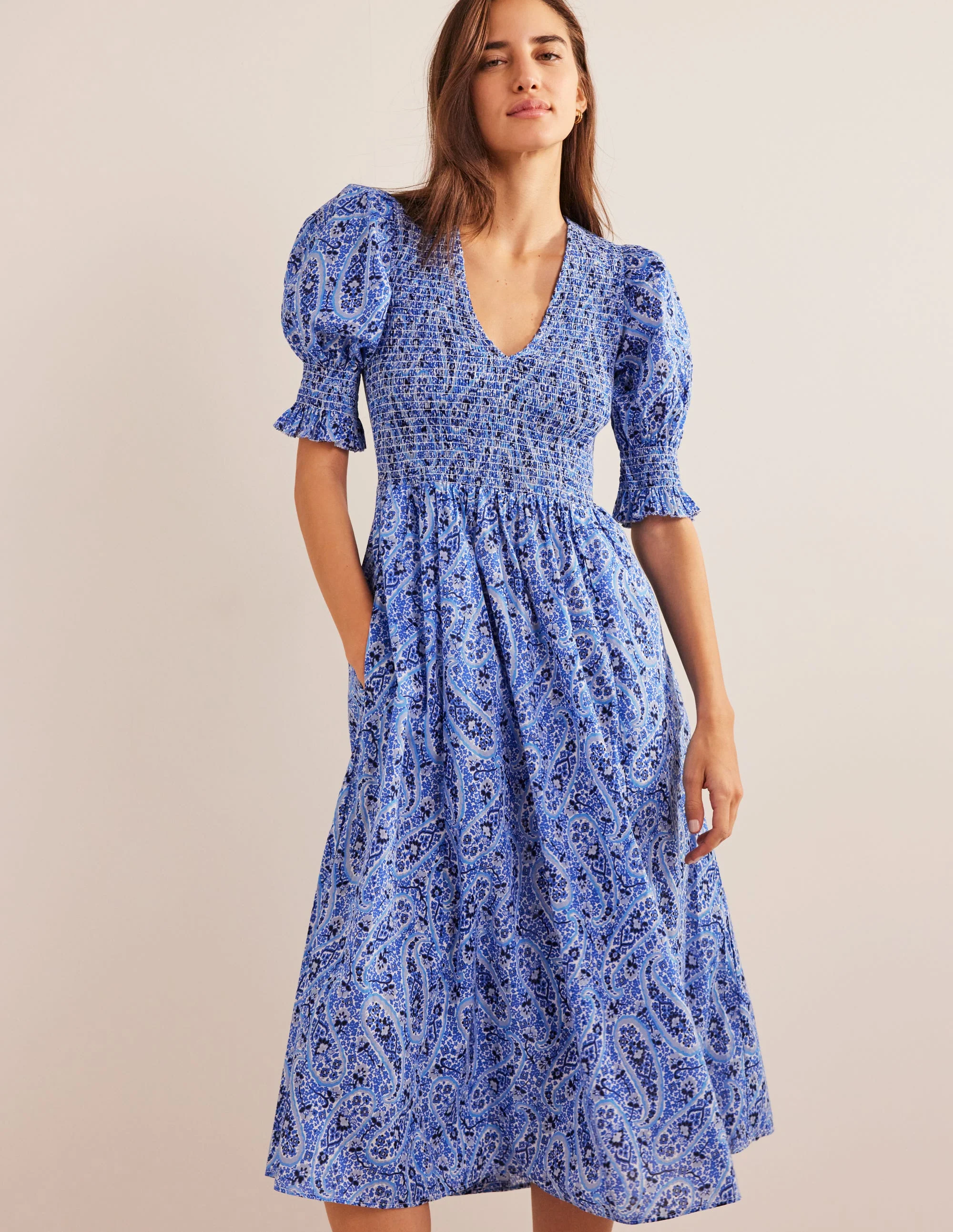 Smocked Bodice Midi Dress-Nebulas Blue, Paisley Blooms