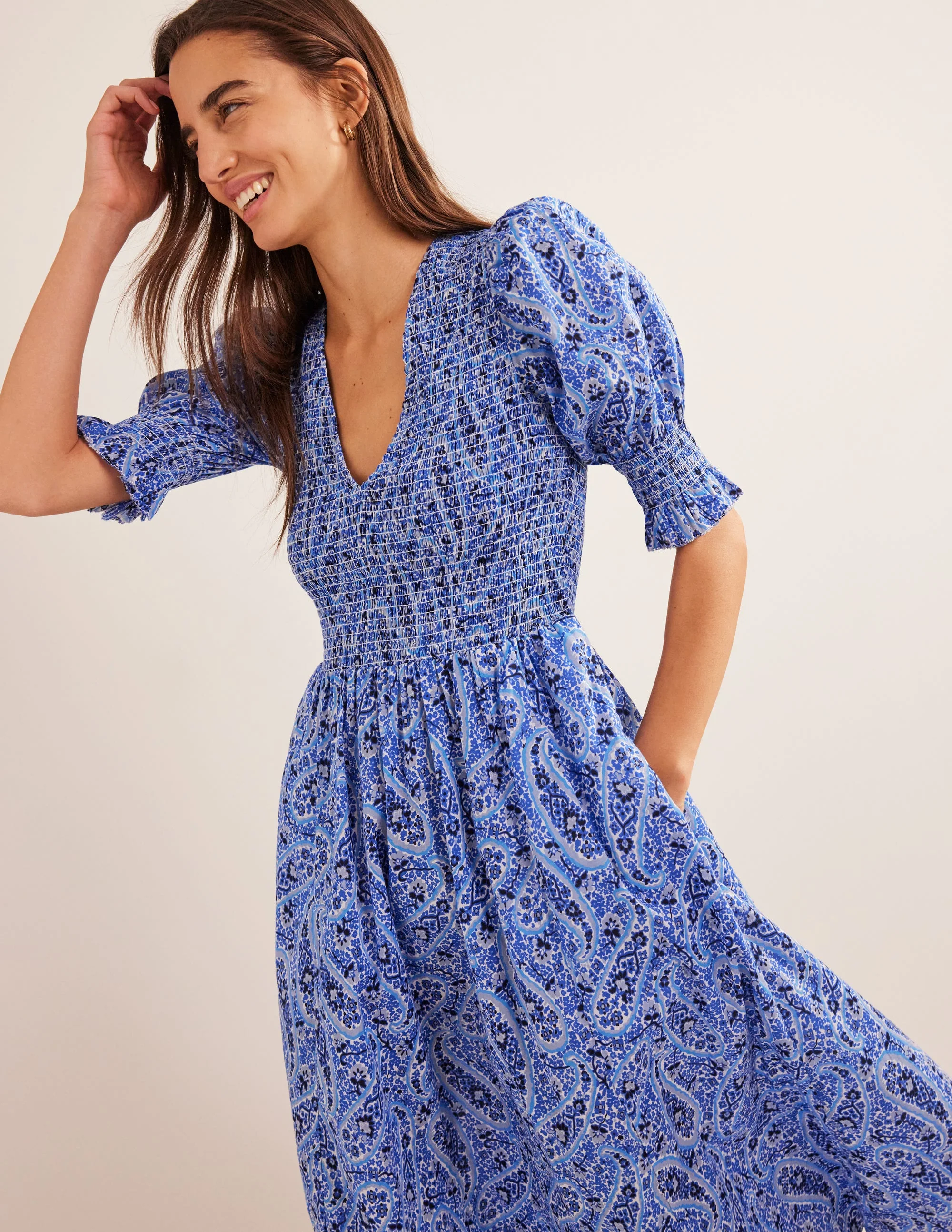 Smocked Bodice Midi Dress-Nebulas Blue, Paisley Blooms - Image 2