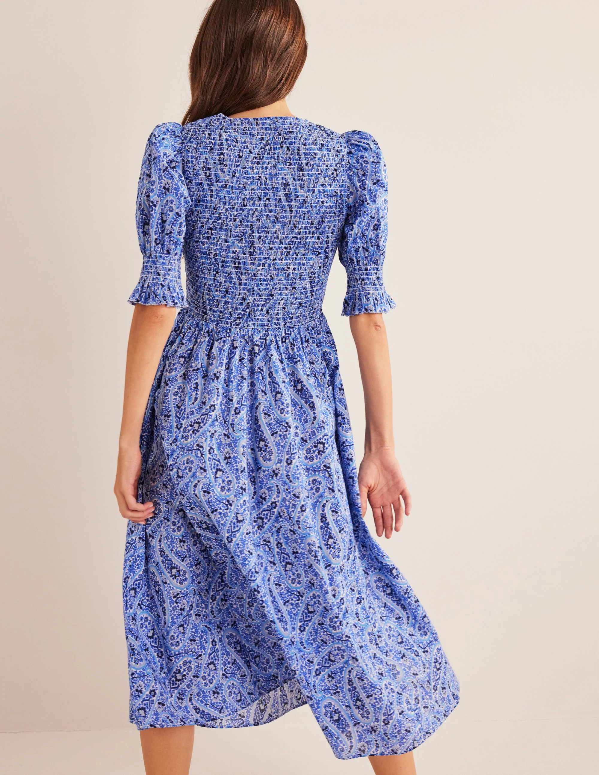 Smocked Bodice Midi Dress-Nebulas Blue, Paisley Blooms - Image 3