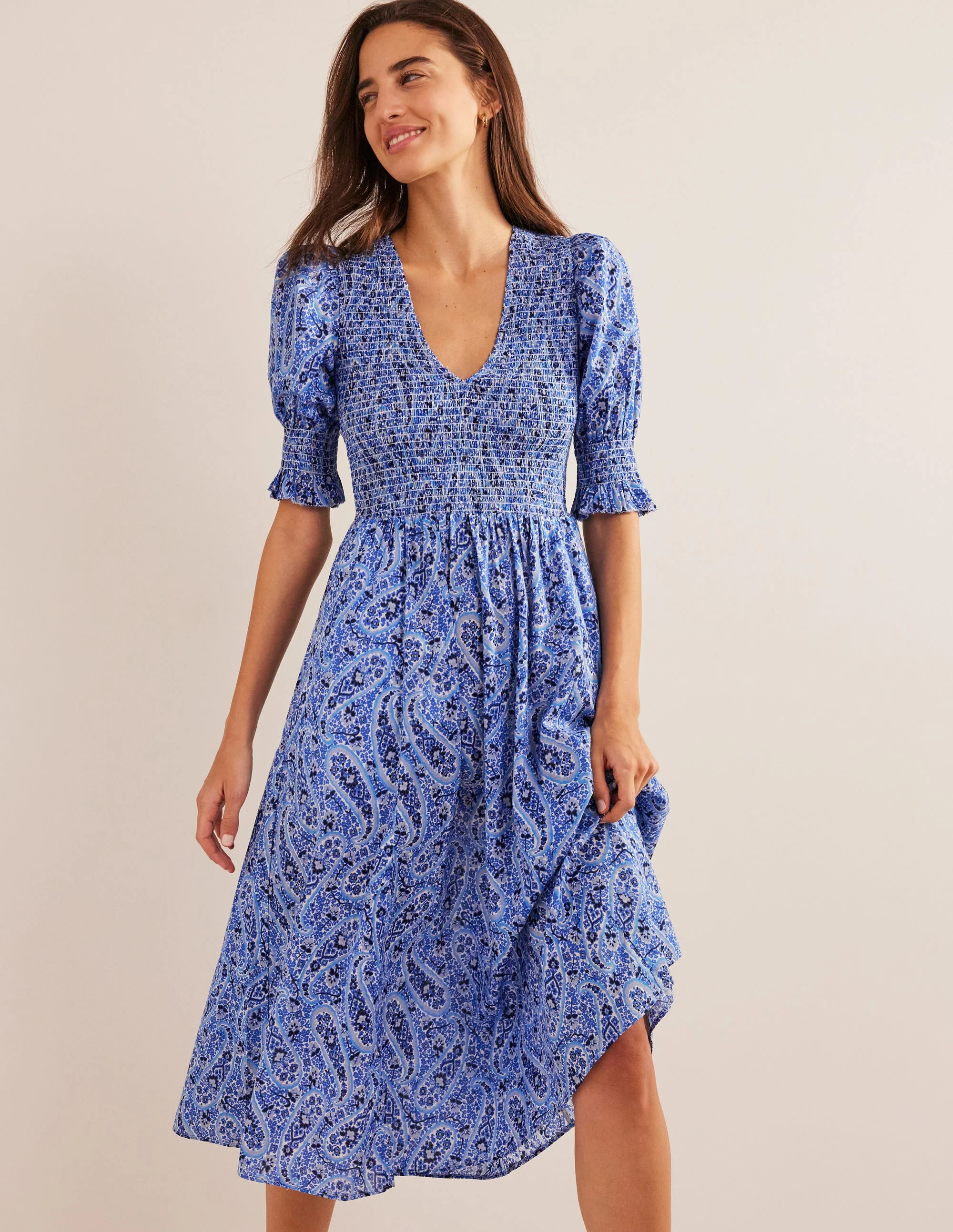 Smocked Bodice Midi Dress-Nebulas Blue, Paisley Blooms - Image 4