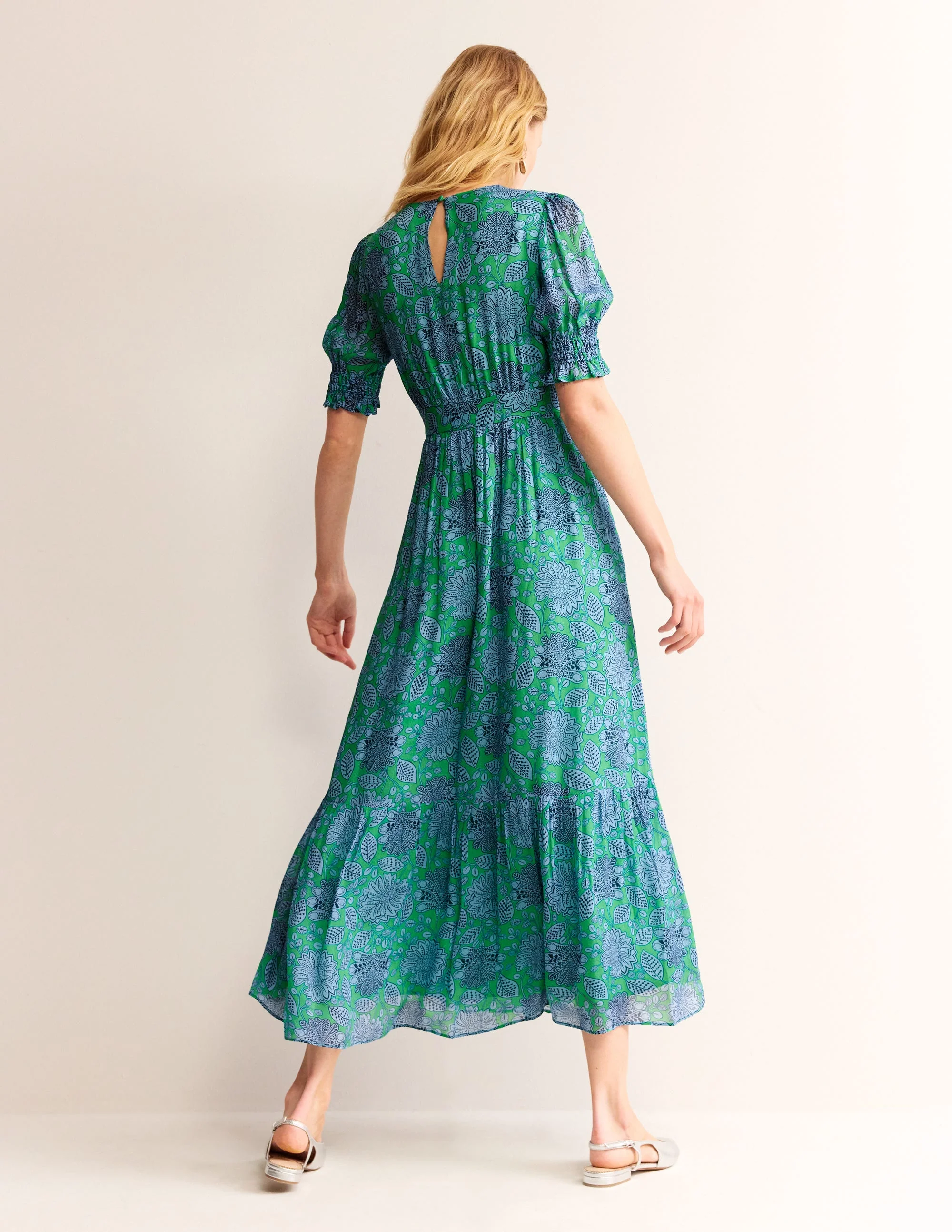 Smocked Cuff Maxi Dress-Ming Green, Gardenia Swirl - Image 3