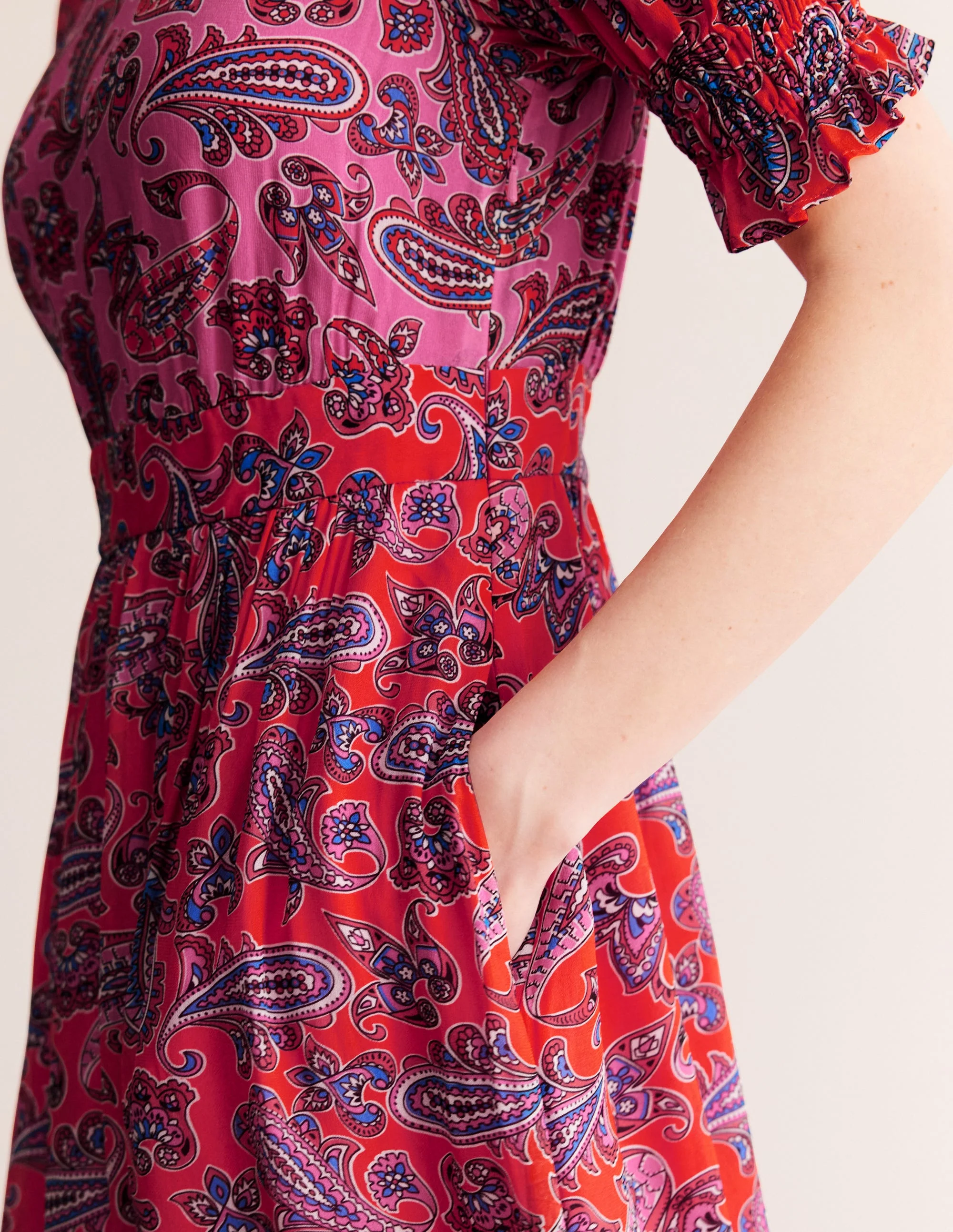 Smocked Cuff Maxi Dress-Sangria Sunset, Paisley Wave - Image 2
