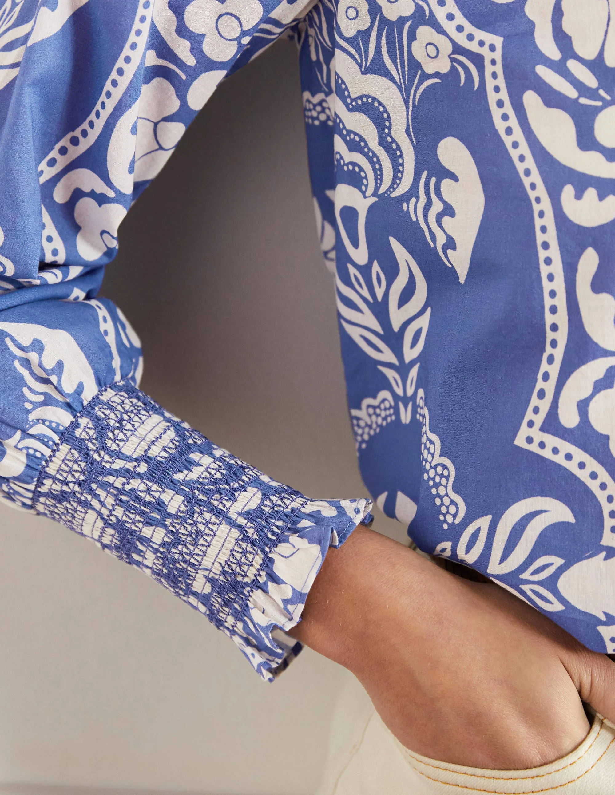 Smocked Cuff Printed Top-Bluebell, Passion Bloom - Image 2