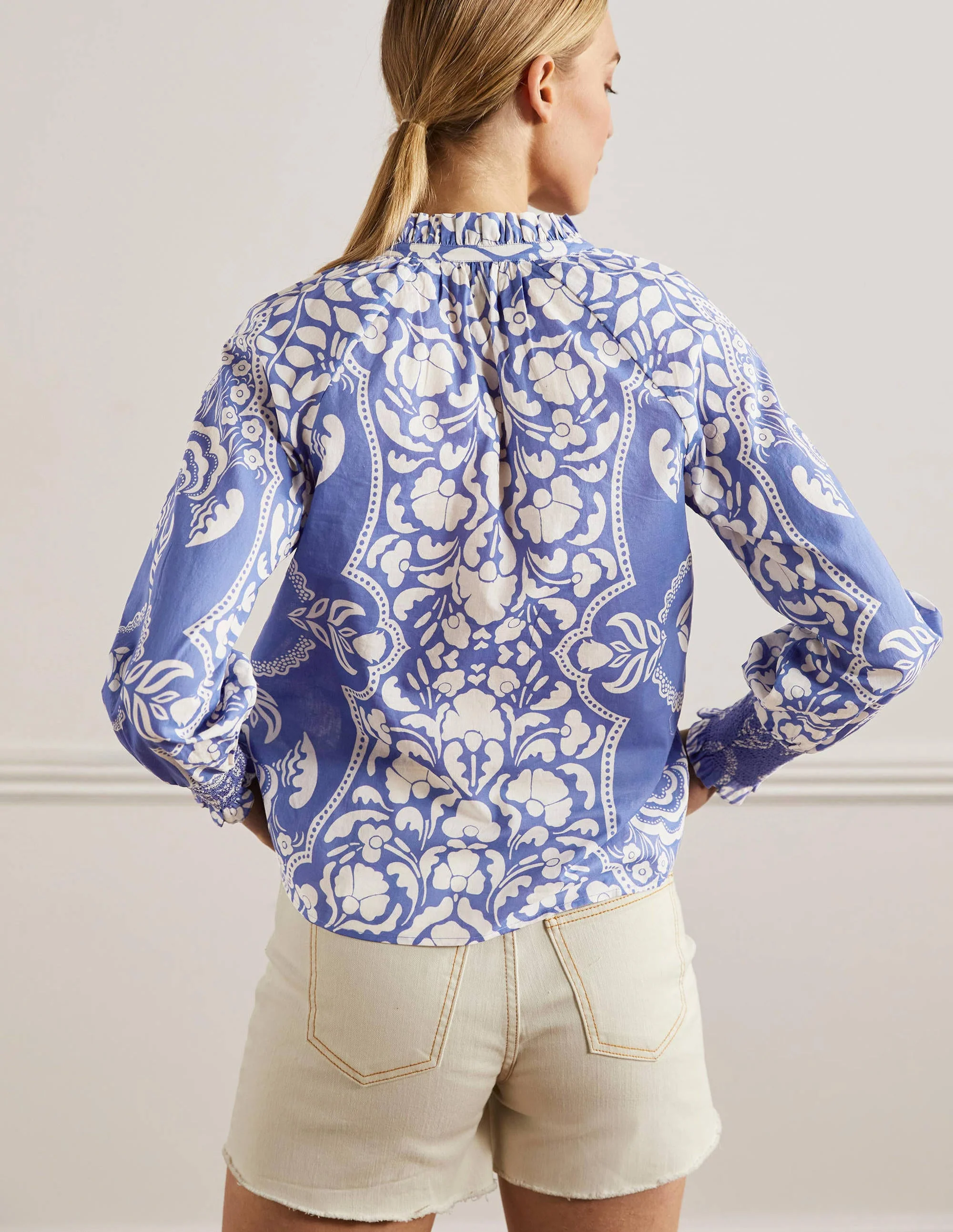 Smocked Cuff Printed Top-Bluebell, Passion Bloom - Image 3