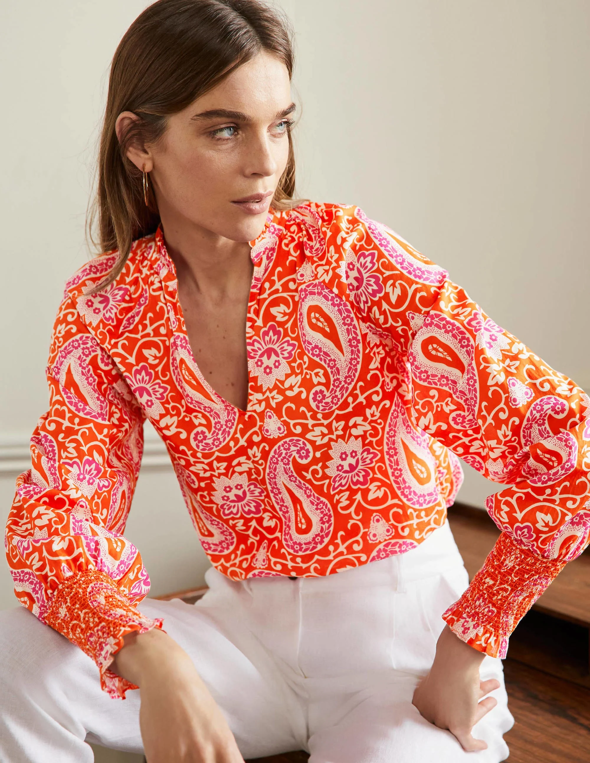 Smocked Cuff Printed Top-Papaya, Enchanting Paisley