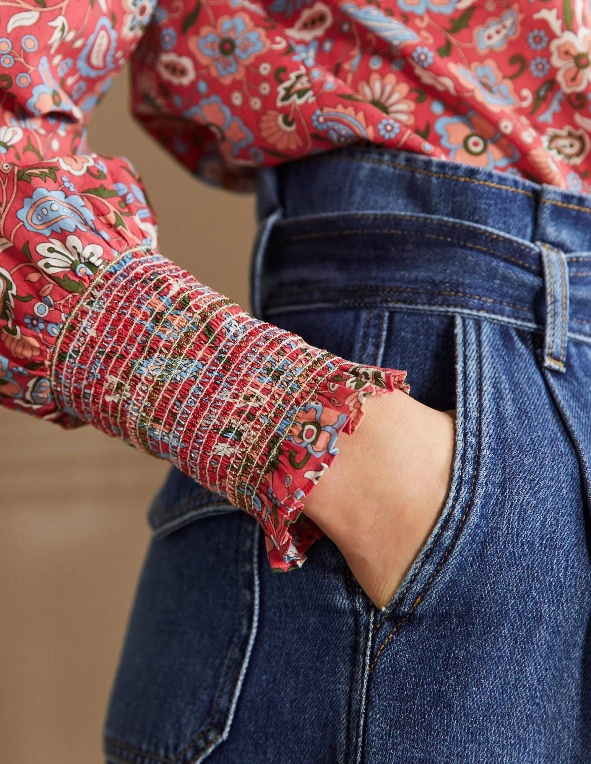 Smocked Cuff Printed Top-Radish, Oriental Paradise - Image 2