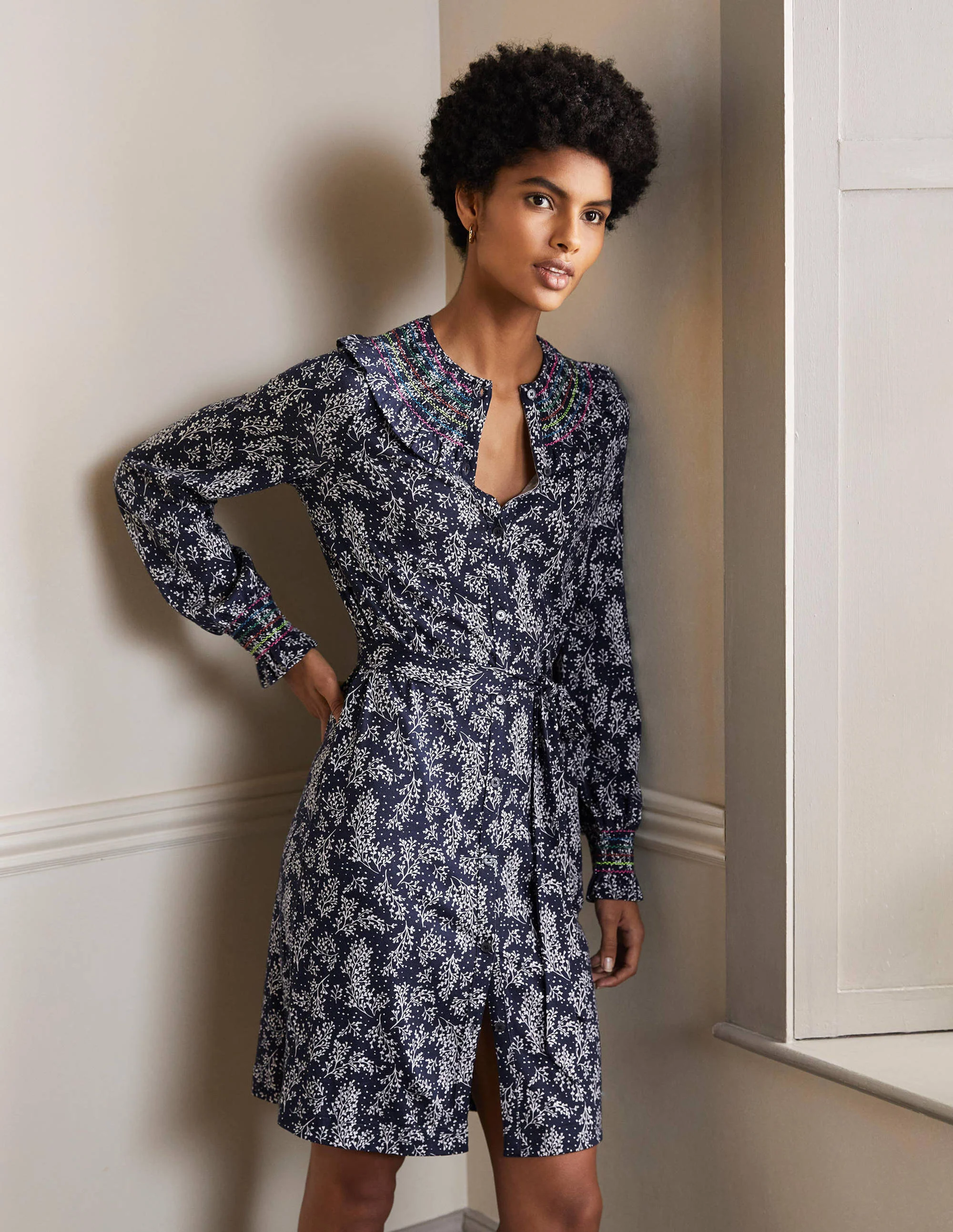 Smocked Detail Jersey Dress-French Navy, Leafy Sprig