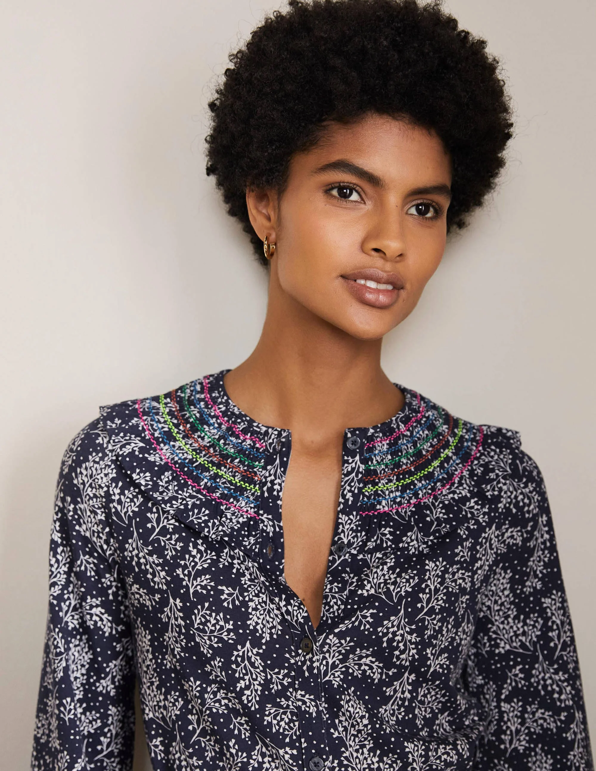 Smocked Detail Jersey Dress-French Navy, Leafy Sprig - Image 2