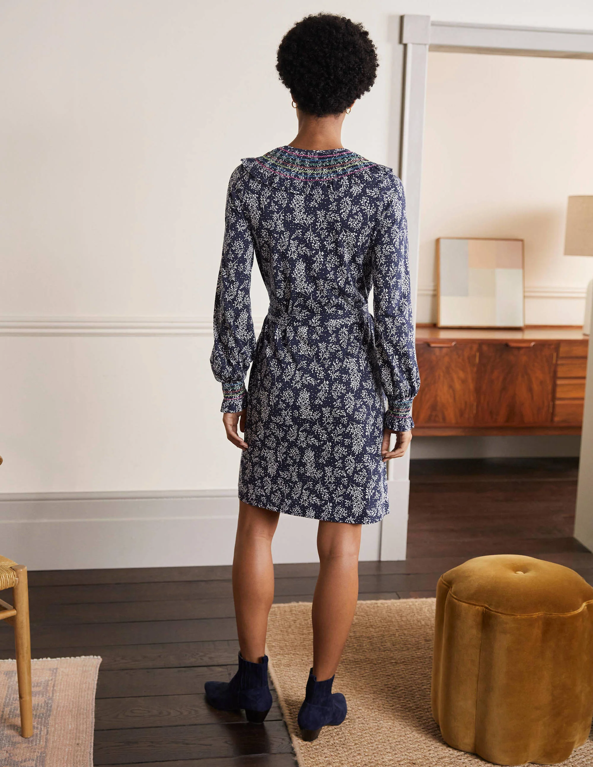 Smocked Detail Jersey Dress-French Navy, Leafy Sprig - Image 3