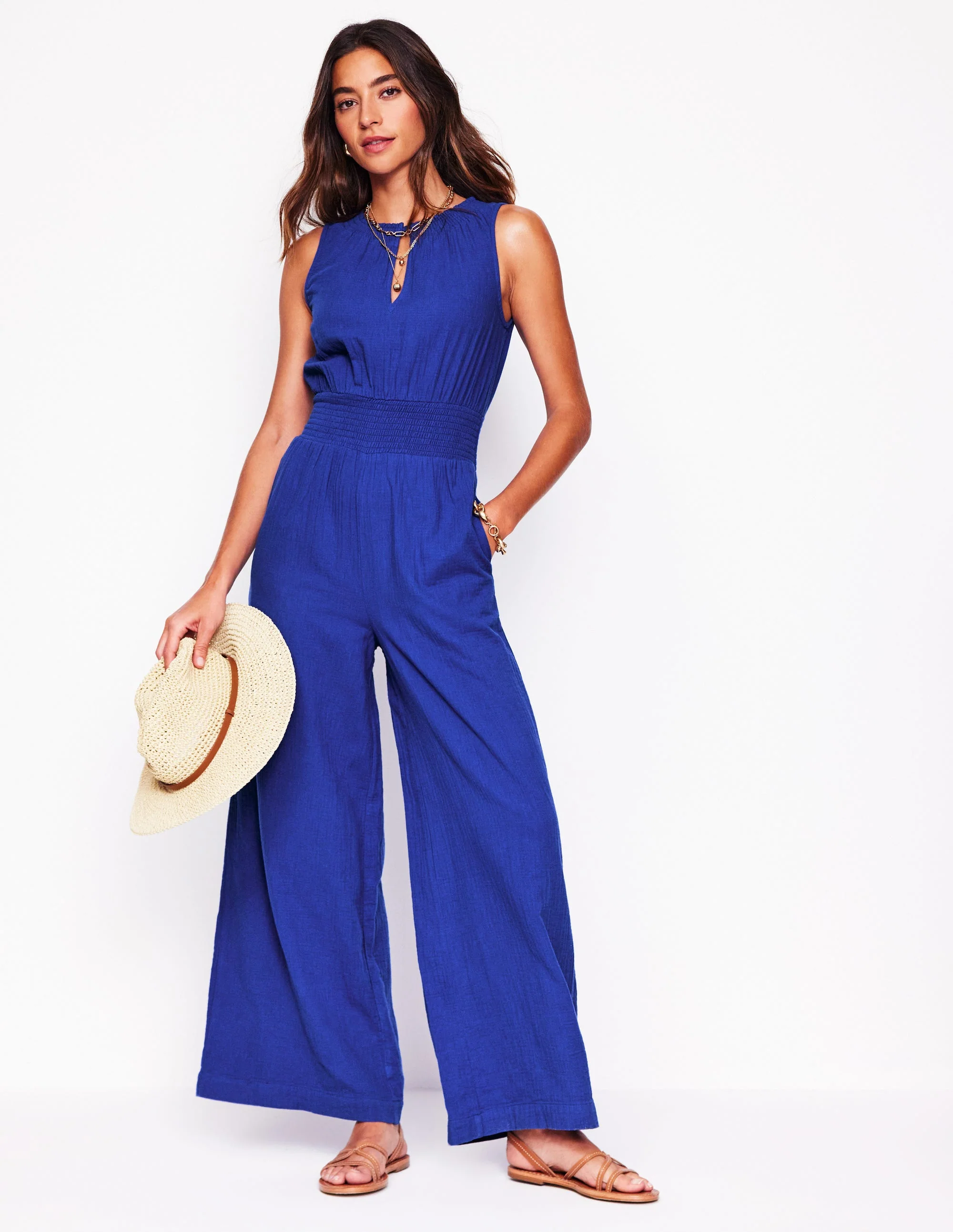 Smocked Double Cloth Jumpsuit-Bright Blue - Image 4