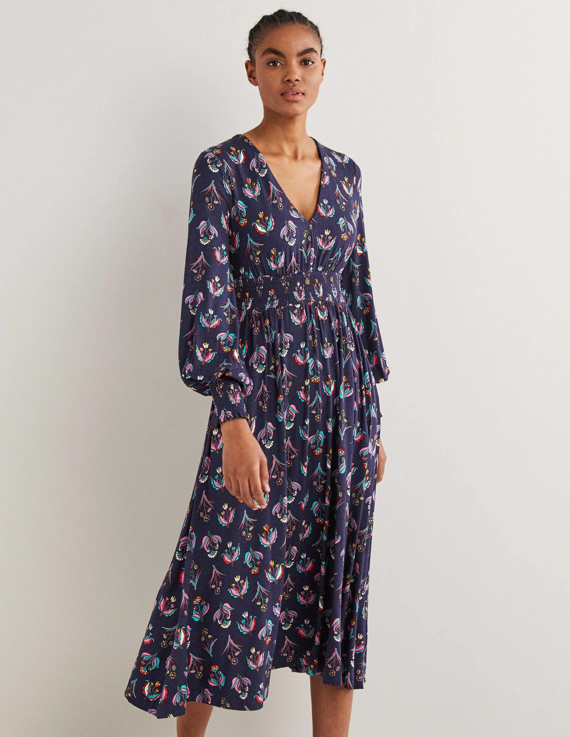 Smocked Jersey Midi Dress-French Navy, Botanic Bunch