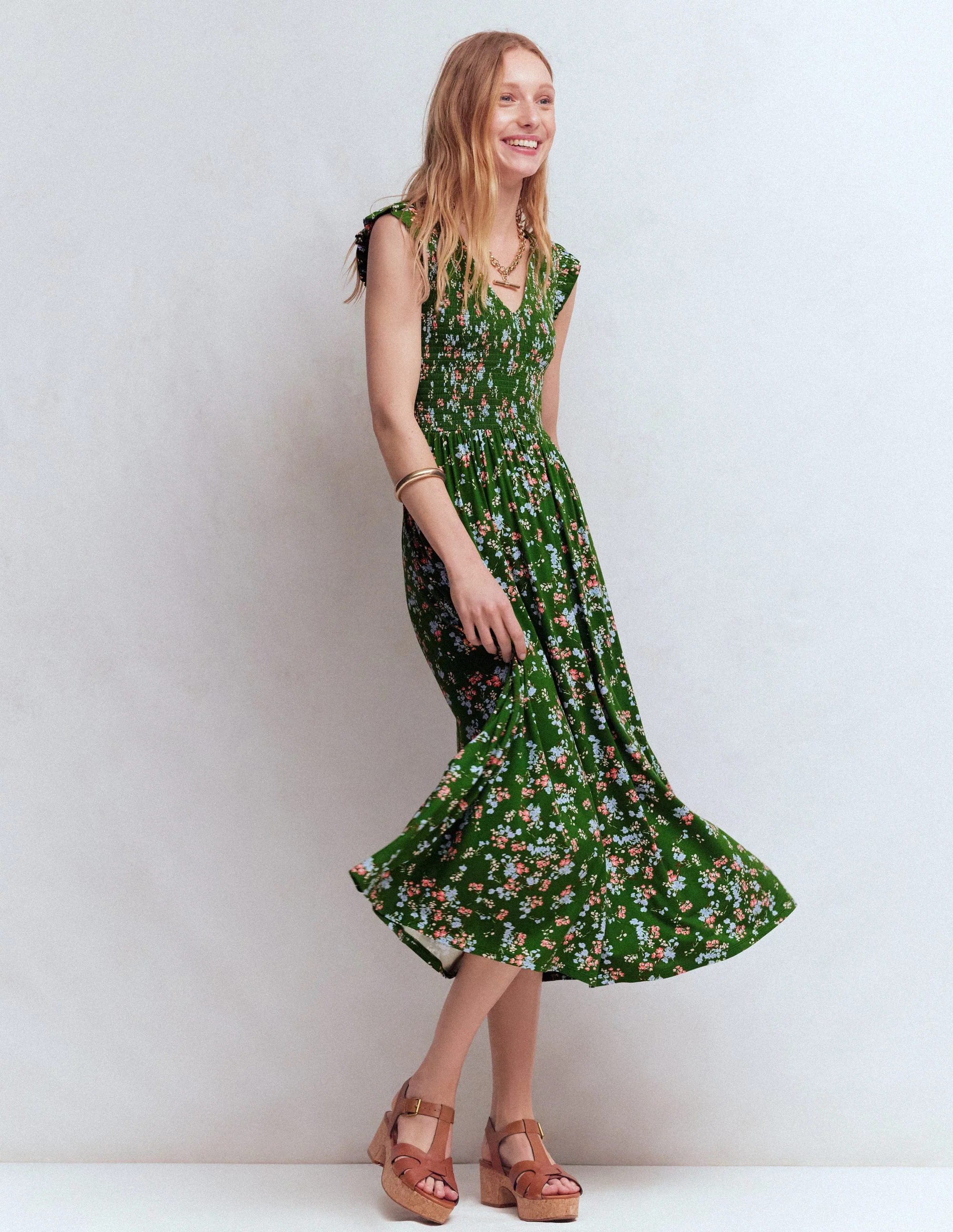 Smocked Jersey Midi Dress-Promenade Green, Bloom Scatter - Image 3