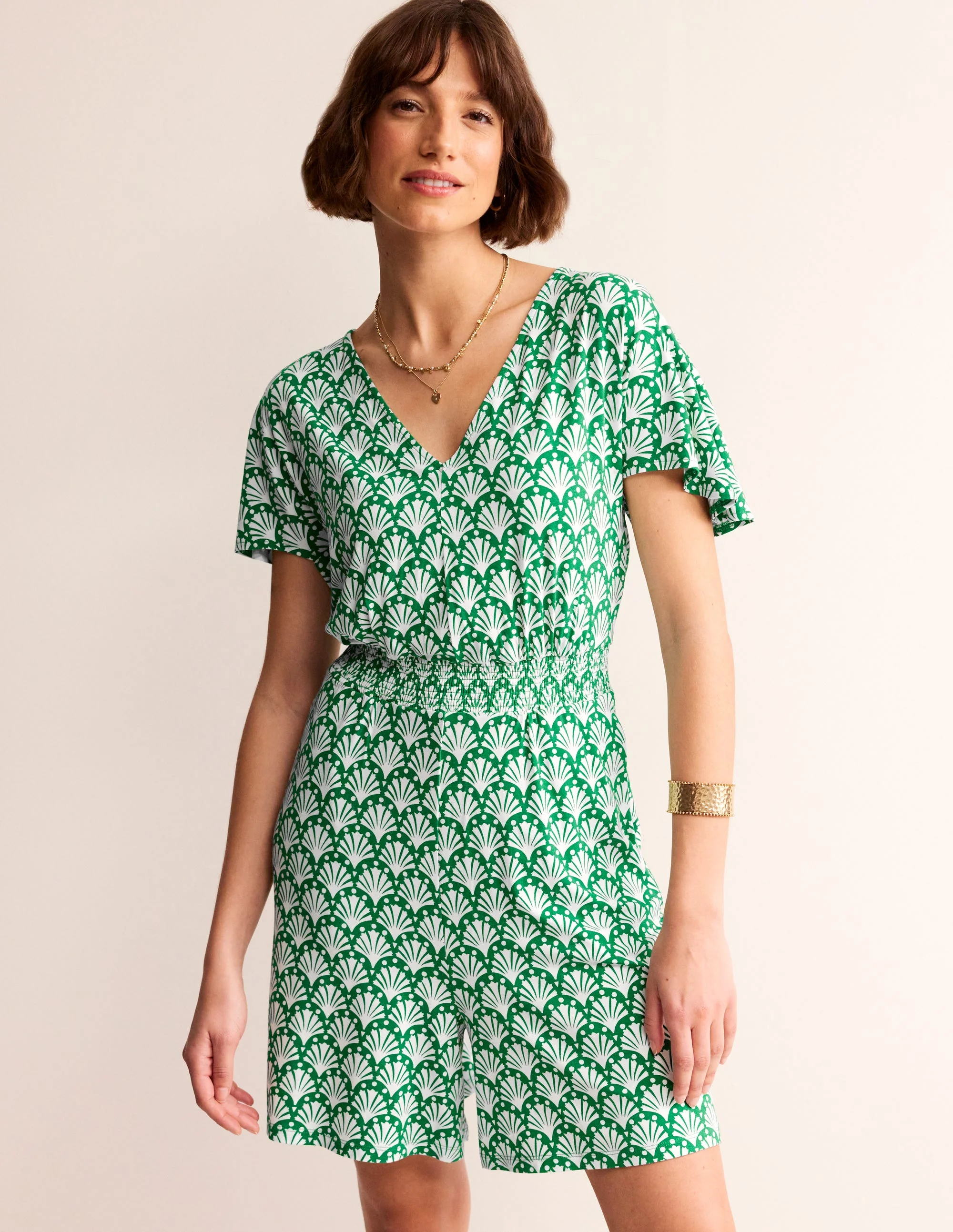 Smocked Jersey Playsuit-Green Tambourine, Shells - Image 4