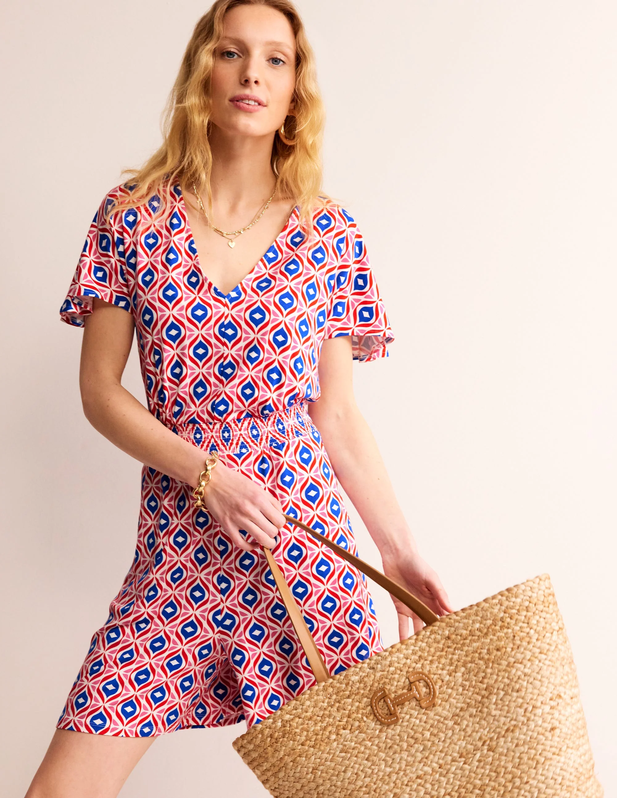 Smocked Jersey Playsuit-Rubicondo, Diamond Wave - Image 4