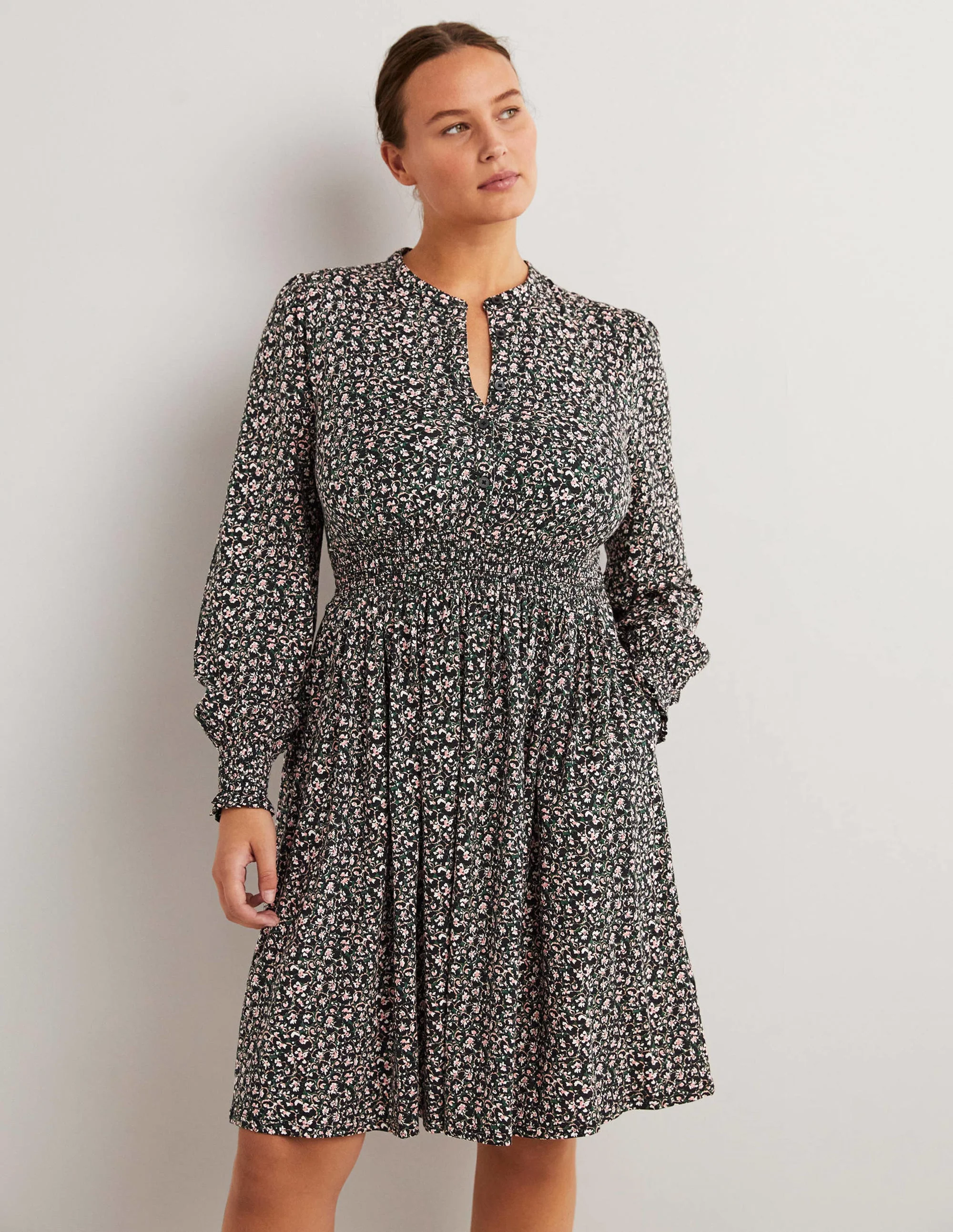 Smocked Jersey Shirt Dress-Hunter Green, Abstract Bud