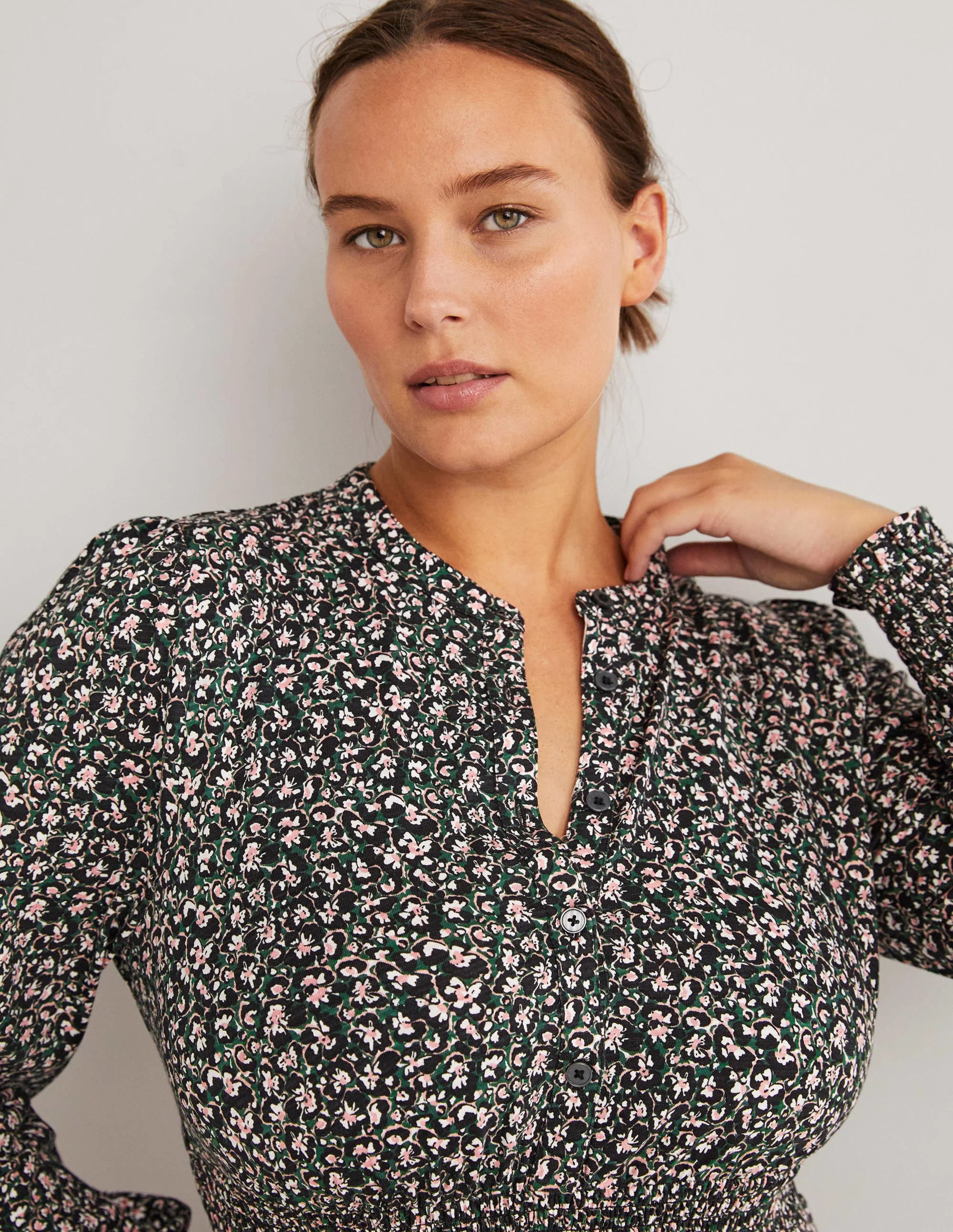 Smocked Jersey Shirt Dress-Hunter Green, Abstract Bud - Image 5