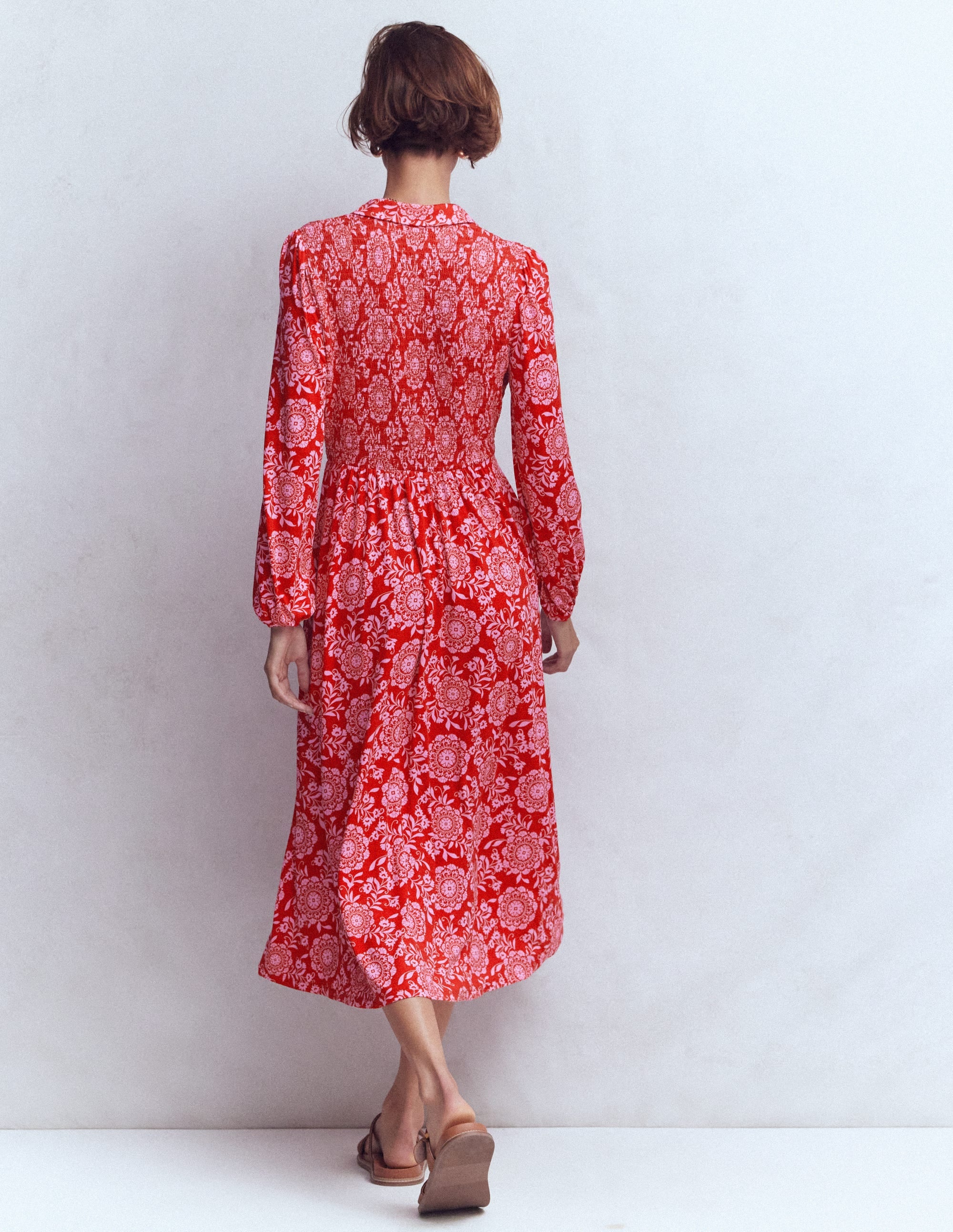 Smocked Jersey Shirt Dress-Merida Red, Decorative Blossom - Image 3