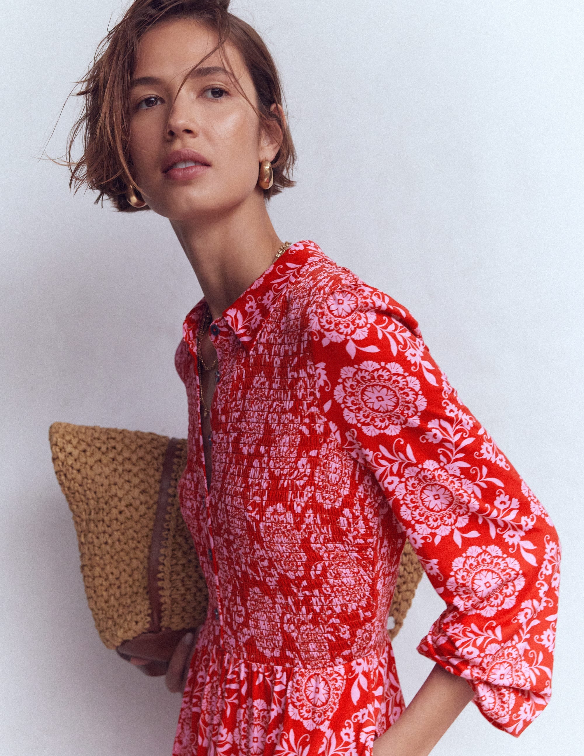Smocked Jersey Shirt Dress-Merida Red, Decorative Blossom - Image 4
