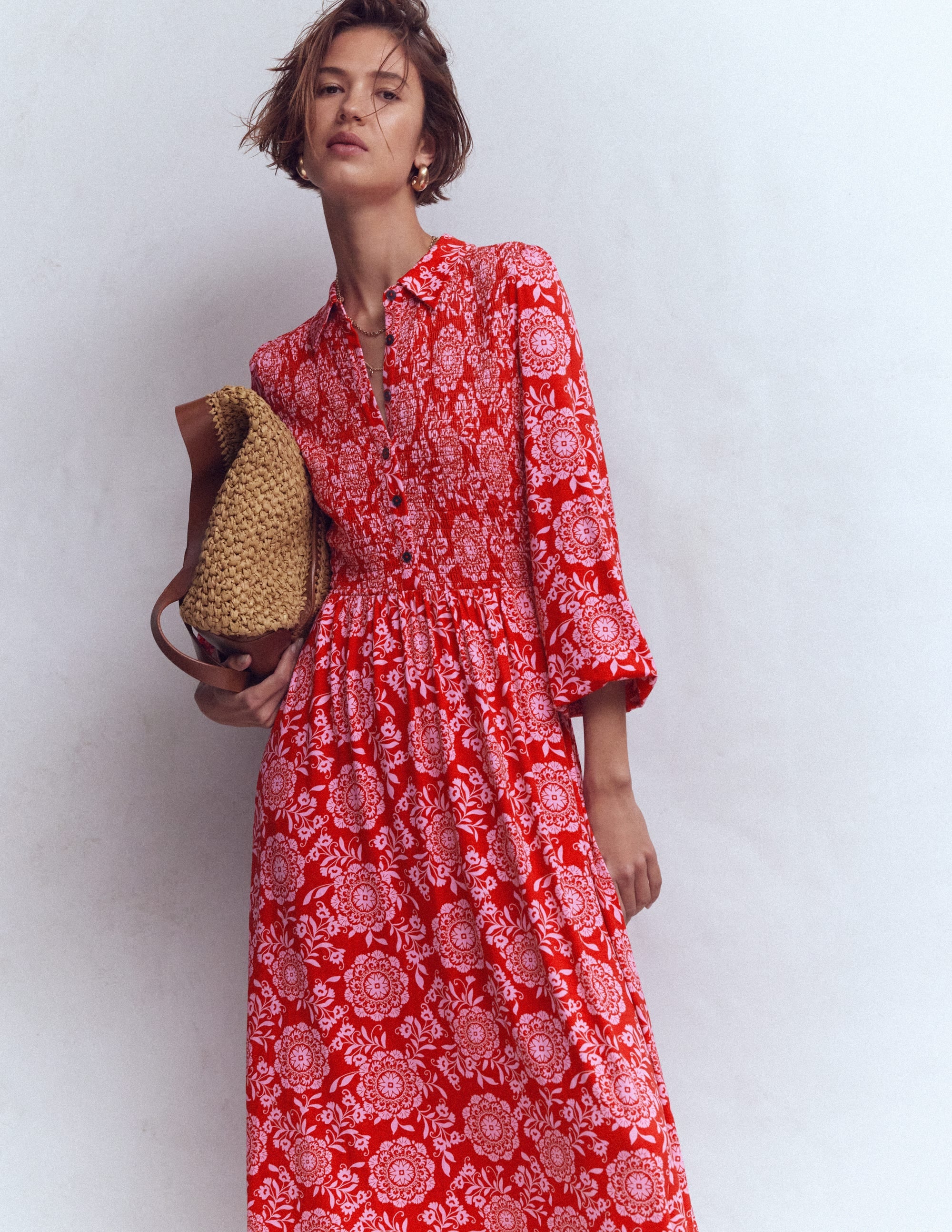 Smocked Jersey Shirt Dress-Merida Red, Decorative Blossom - Image 5