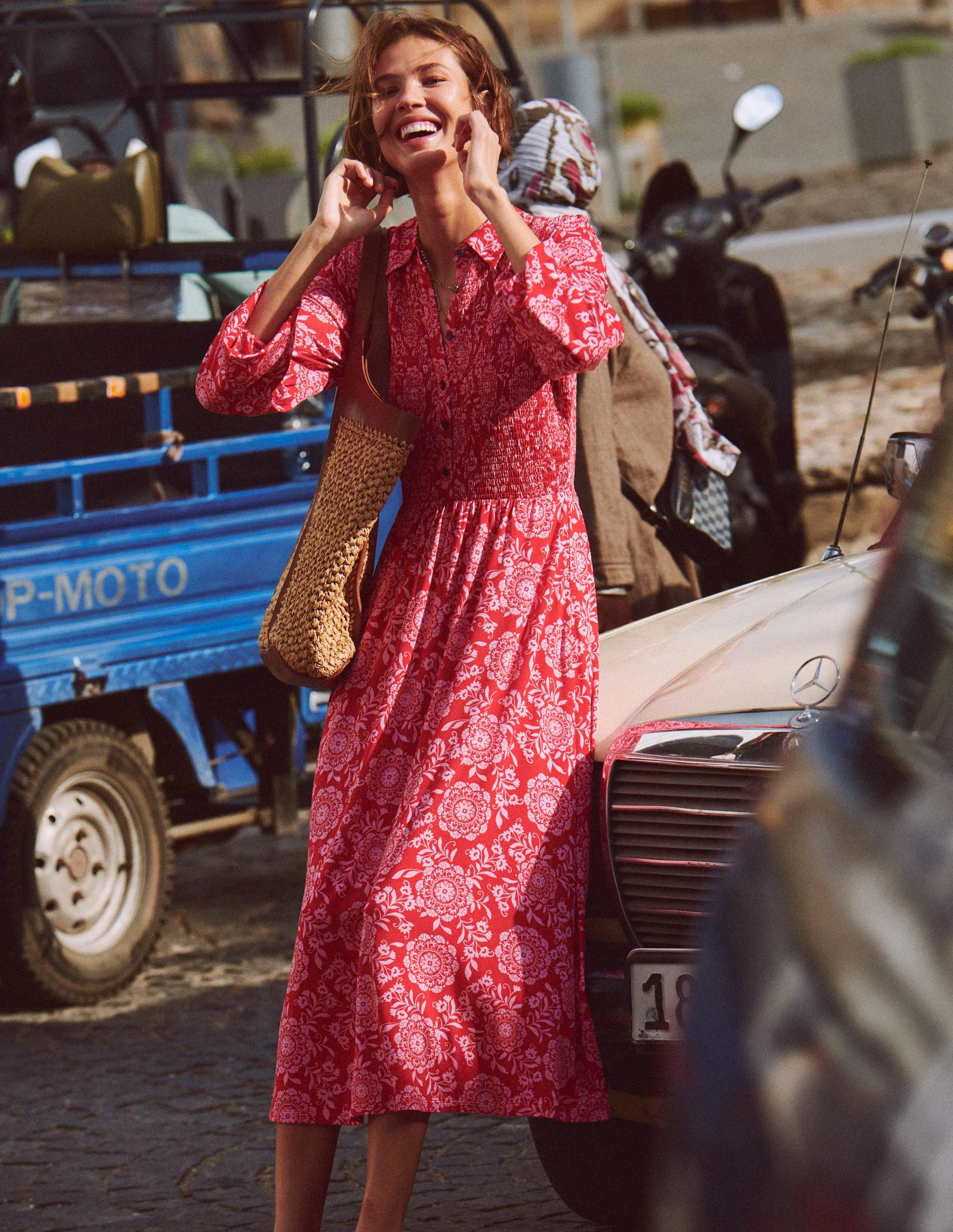 Smocked Jersey Shirt Dress-Merida Red, Decorative Blossom - Image 6