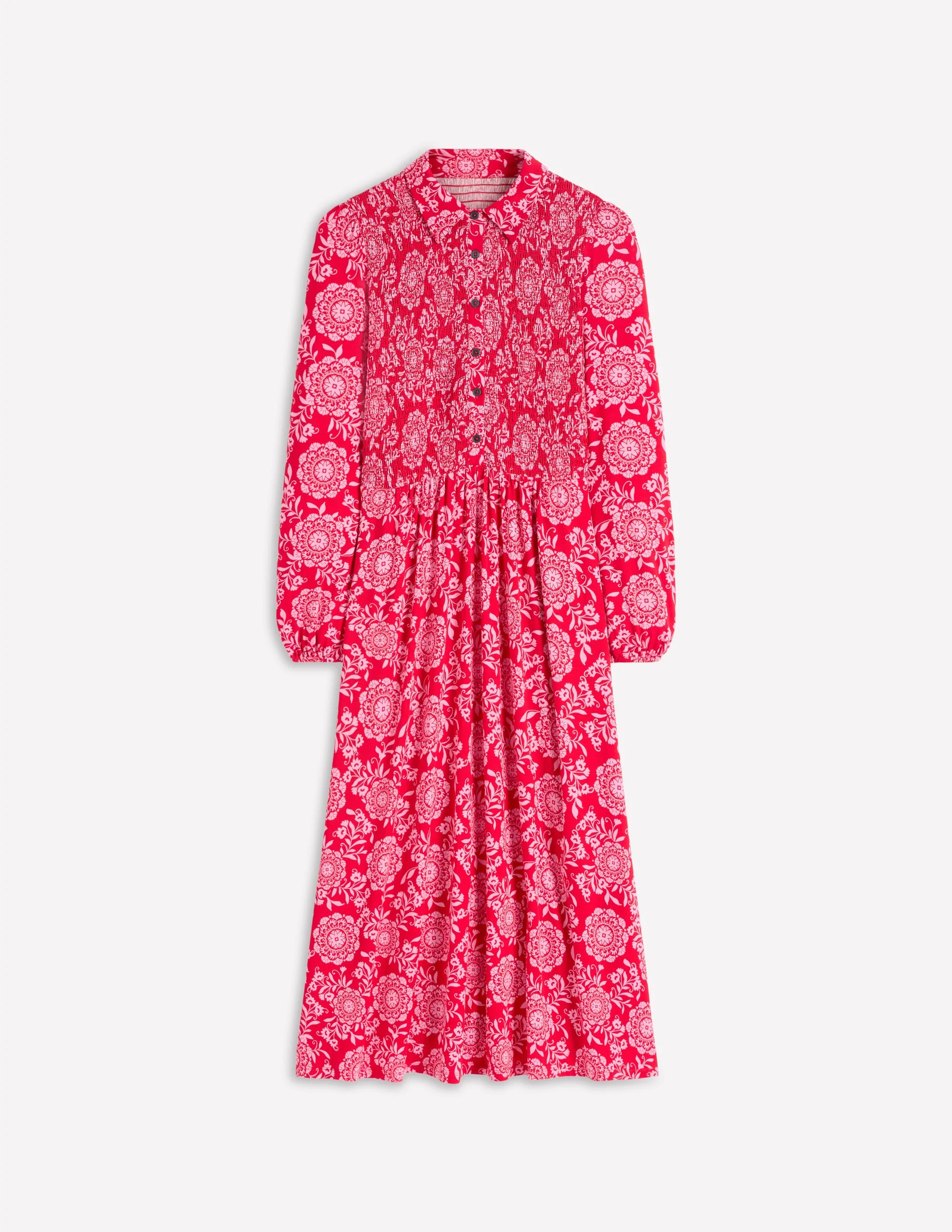 Smocked Jersey Shirt Dress-Merida Red, Decorative Blossom - Image 7