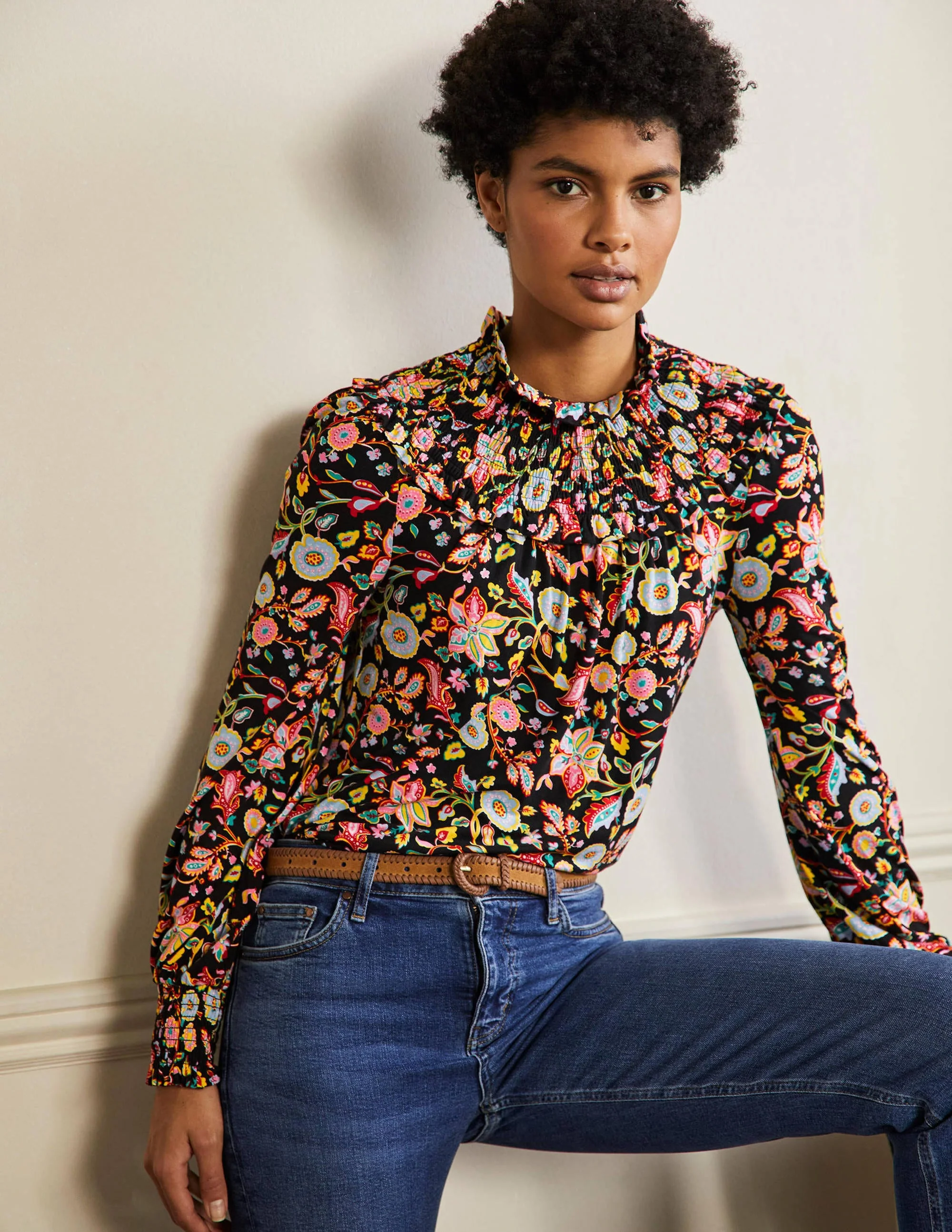 Smocked Neck Jersey Top-Black, Opulent Paradise