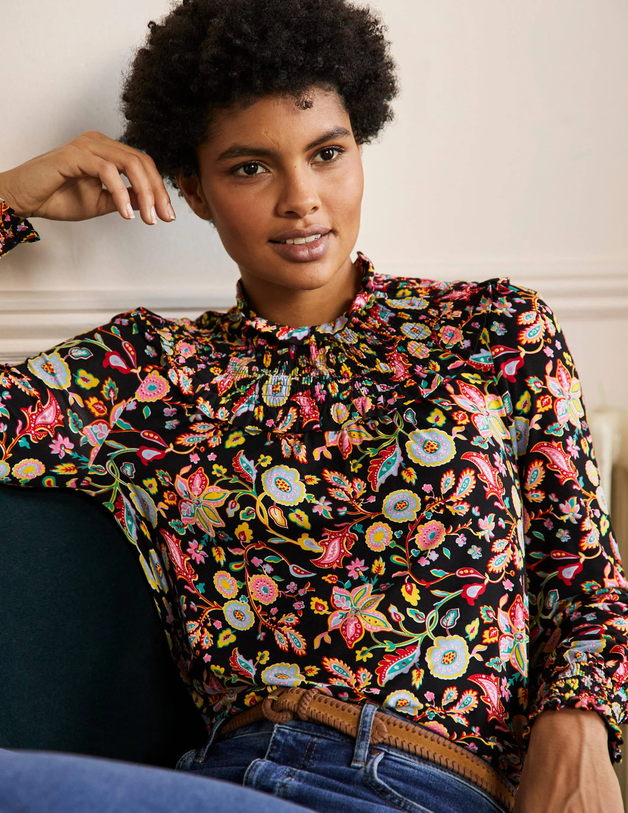 Smocked Neck Jersey Top-Black, Opulent Paradise - Image 4