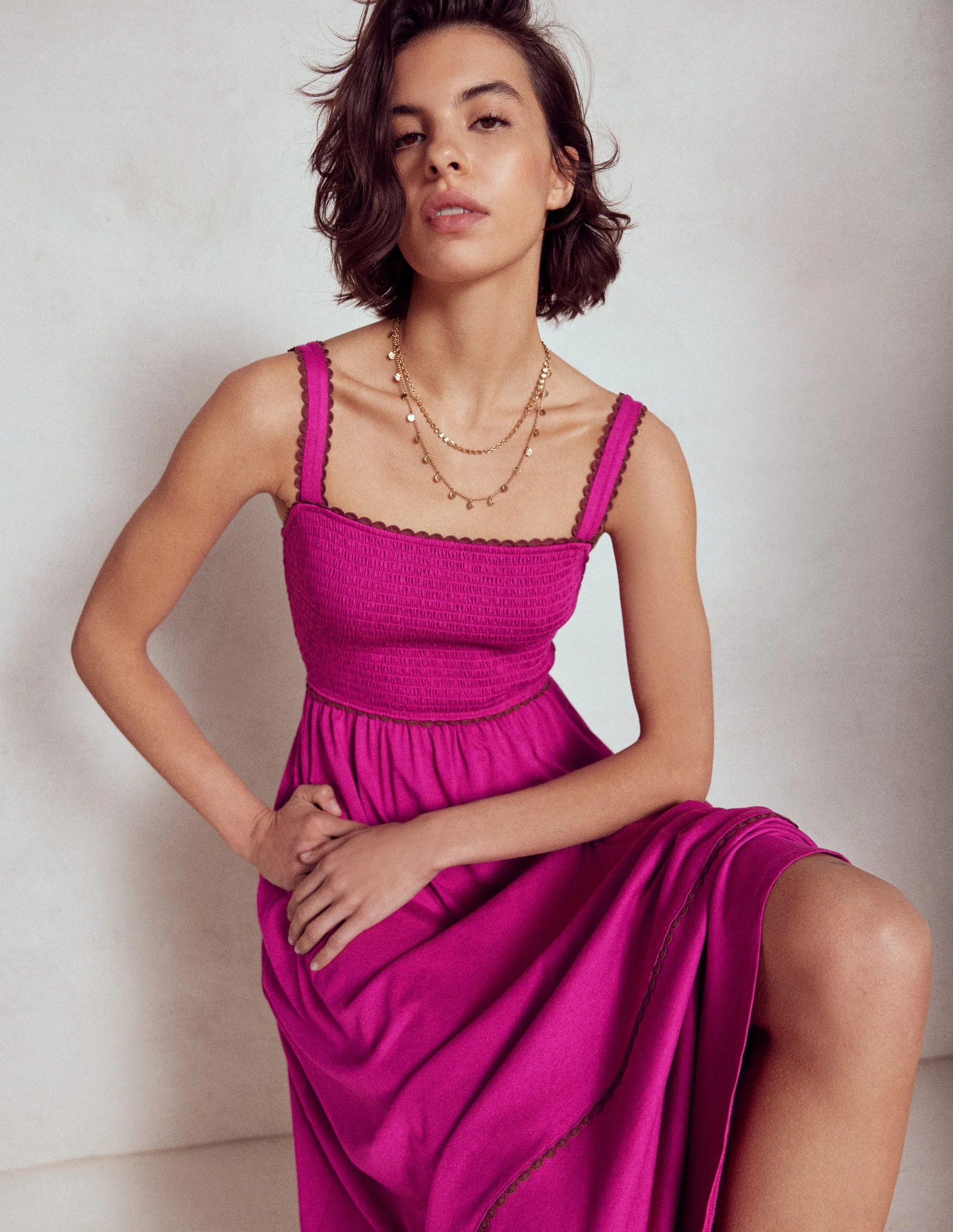 Smocked Trim Maxi Dress-Fuchsia