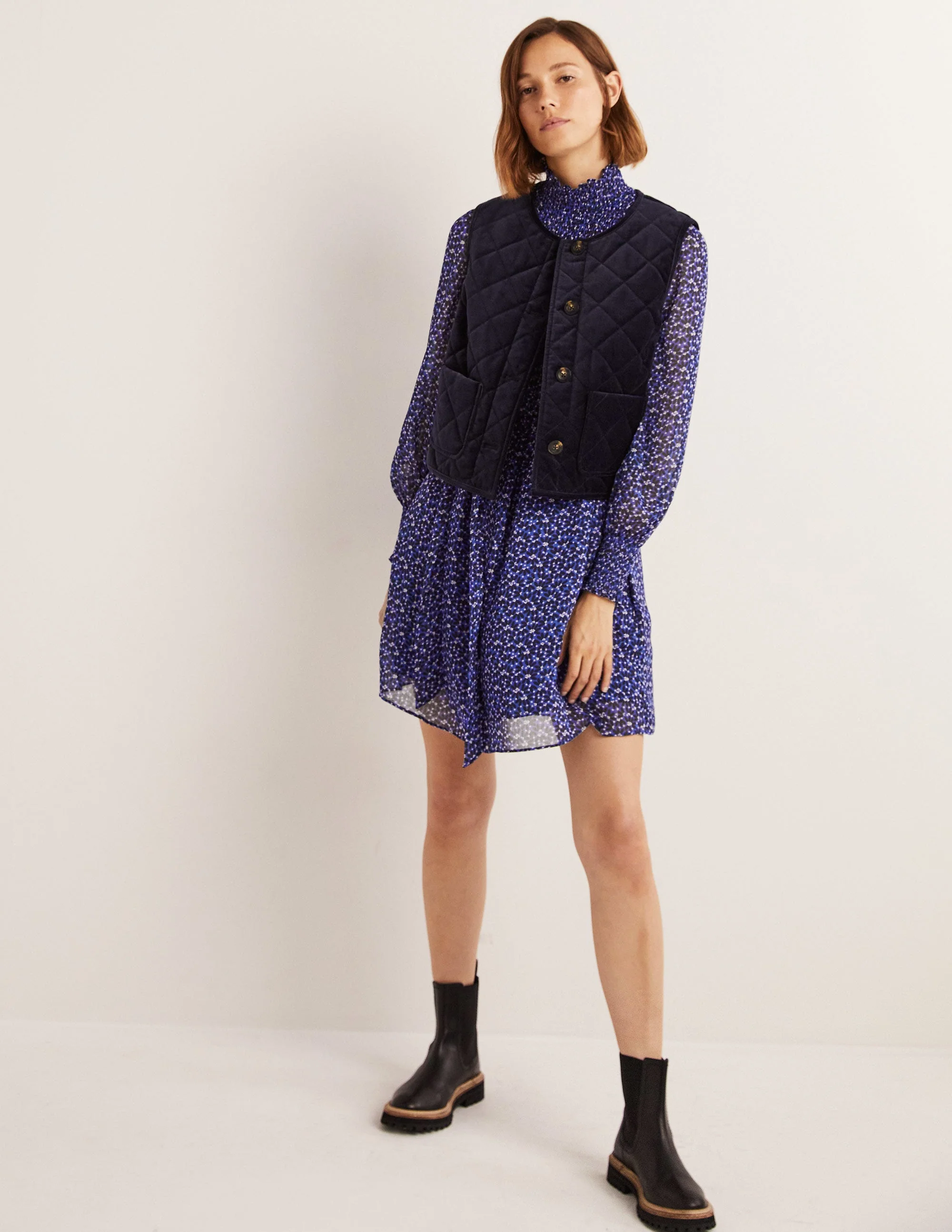 Smocked Yoke Metallic Dress-Bluing, Scatter Petal - Image 5