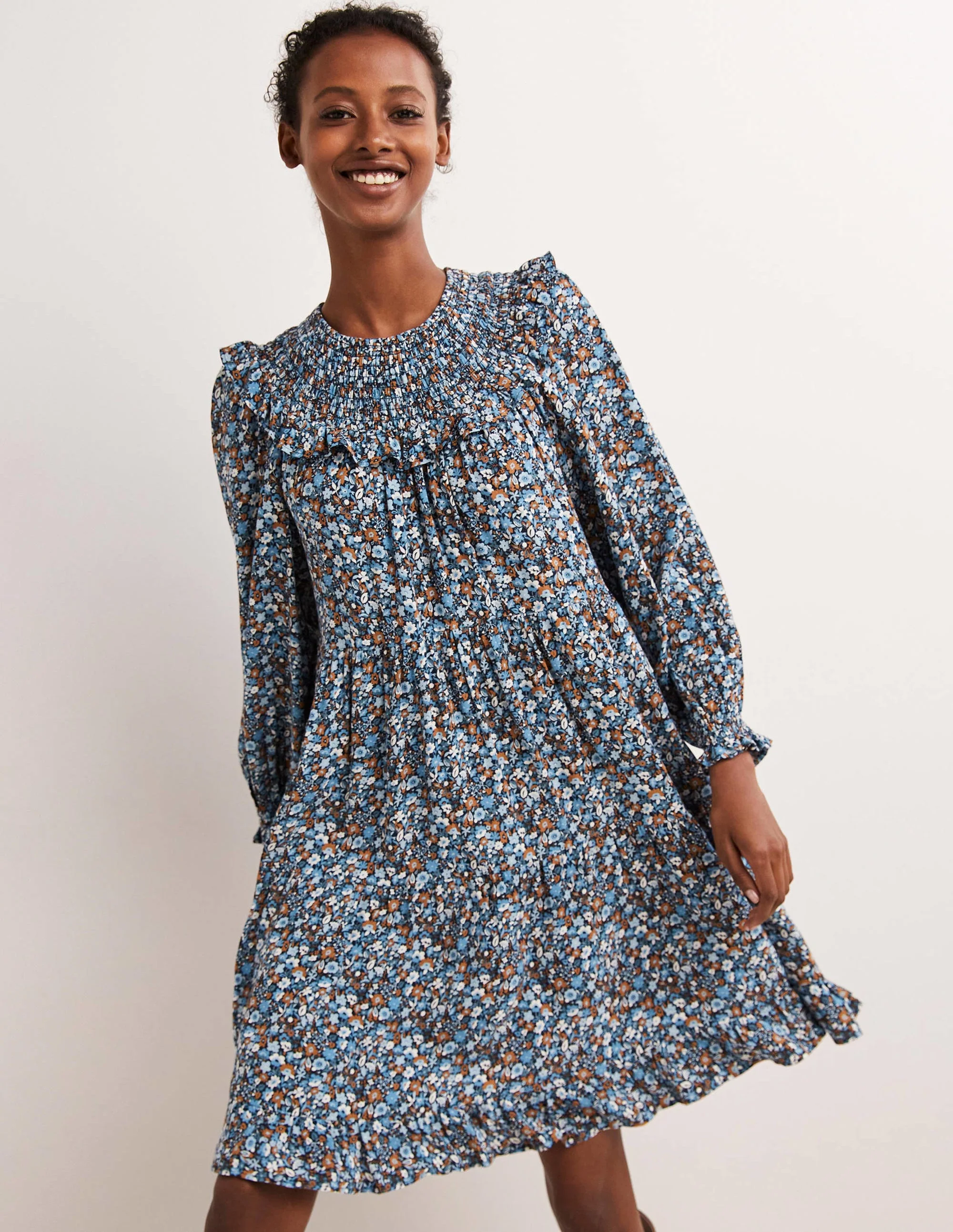 Smocked Yoke Tiered Dress-Riviera Blue, Floret Meadow
