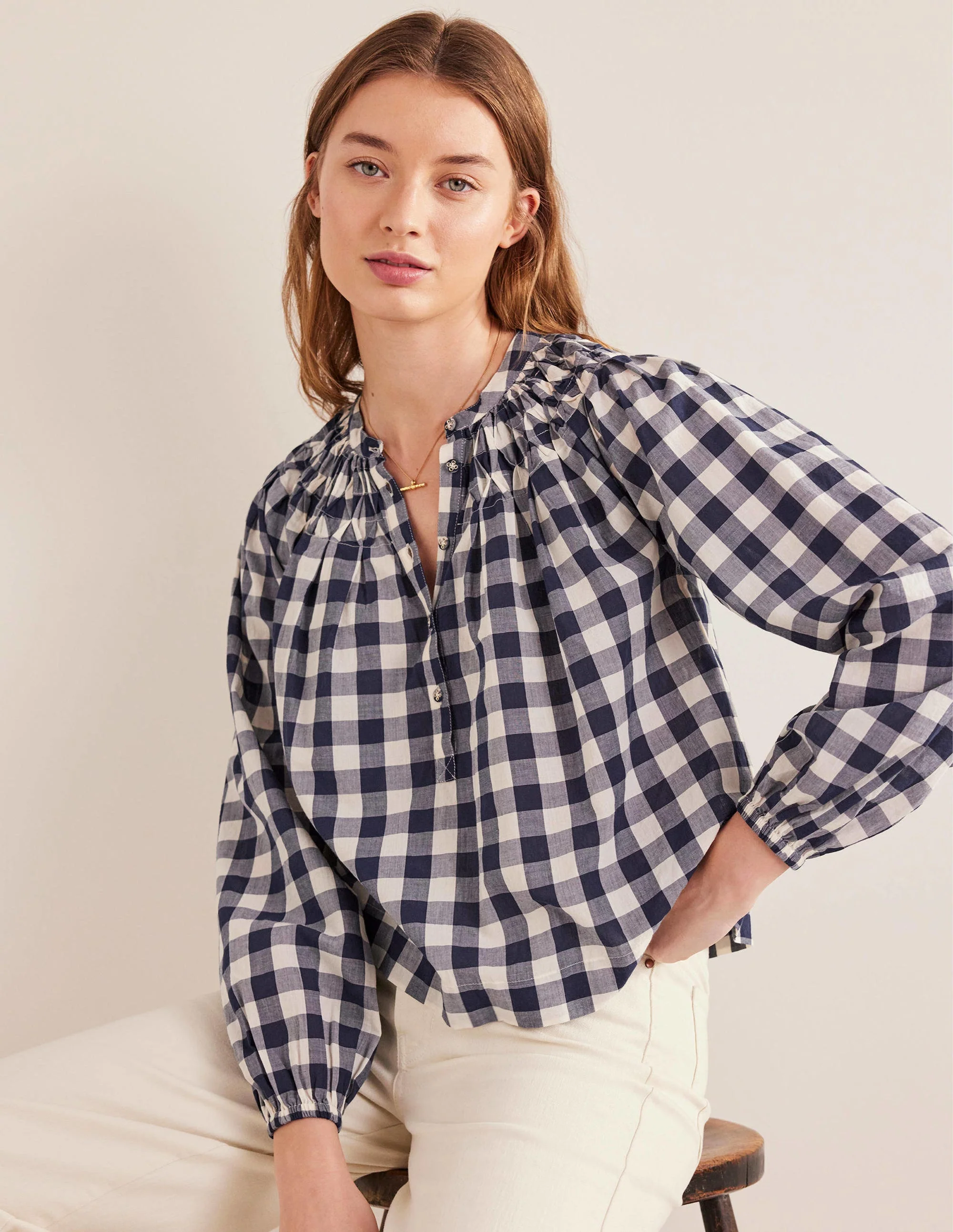 Smocking Detail Blouse-French Navy Gingham