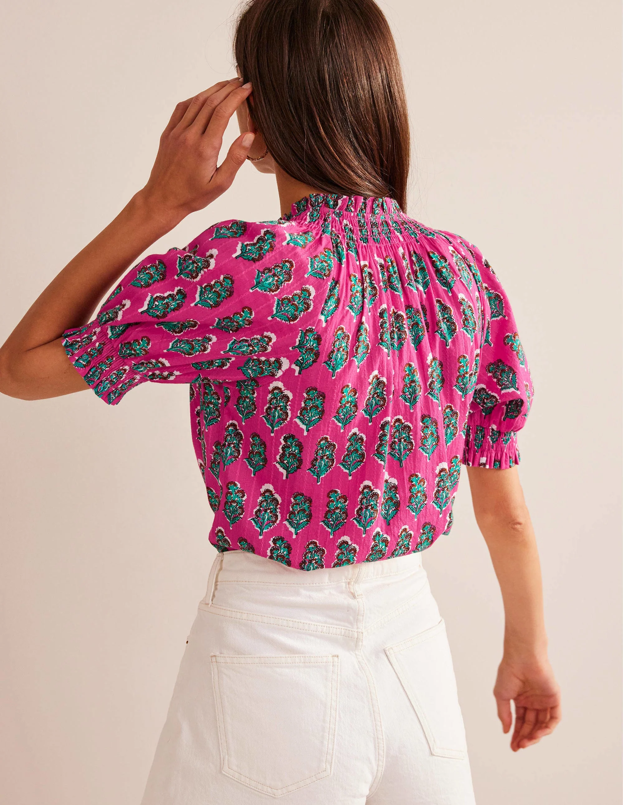 Smocking Detail Pretty Top-Festival Pink, Artisan Bloom - Image 3