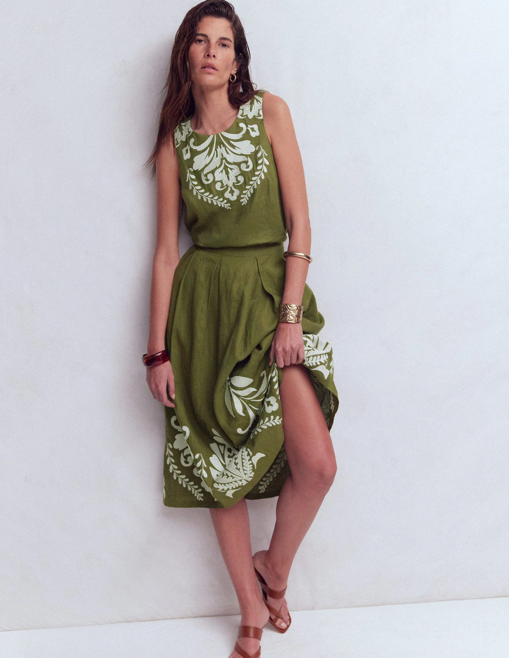 Sofia Embroidered Linen Top-Woodland Green - Image 4