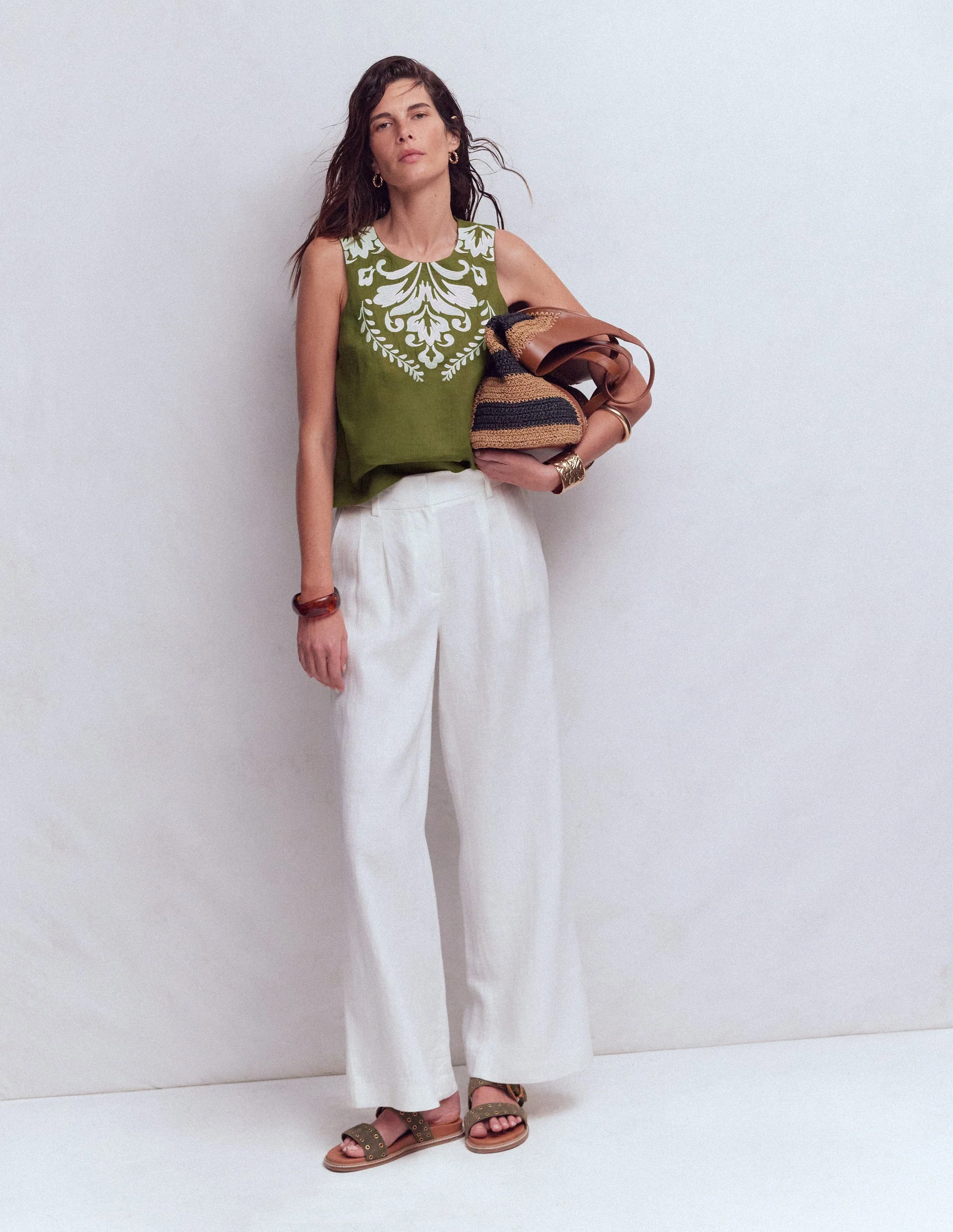 Sofia Embroidered Linen Top-Woodland Green - Image 6