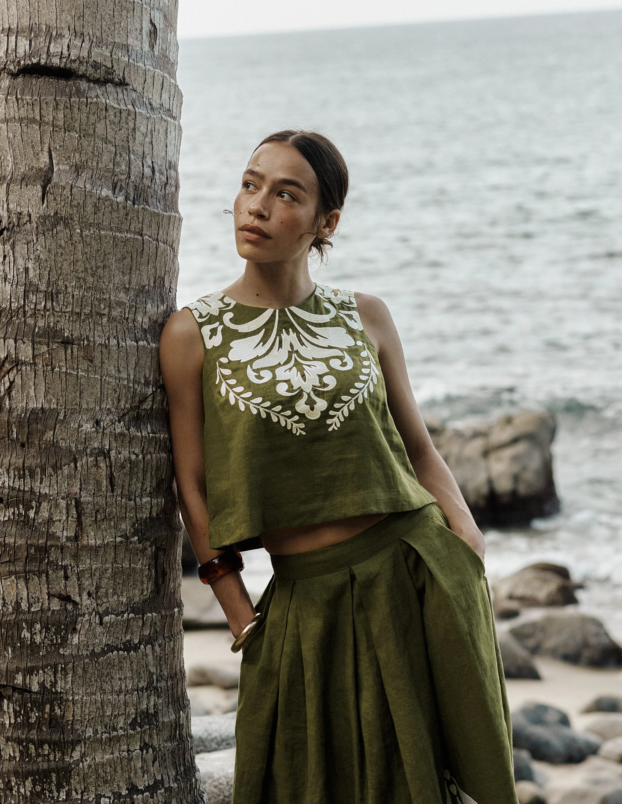 Sofia Embroidered Linen Top-Woodland Green - Image 7