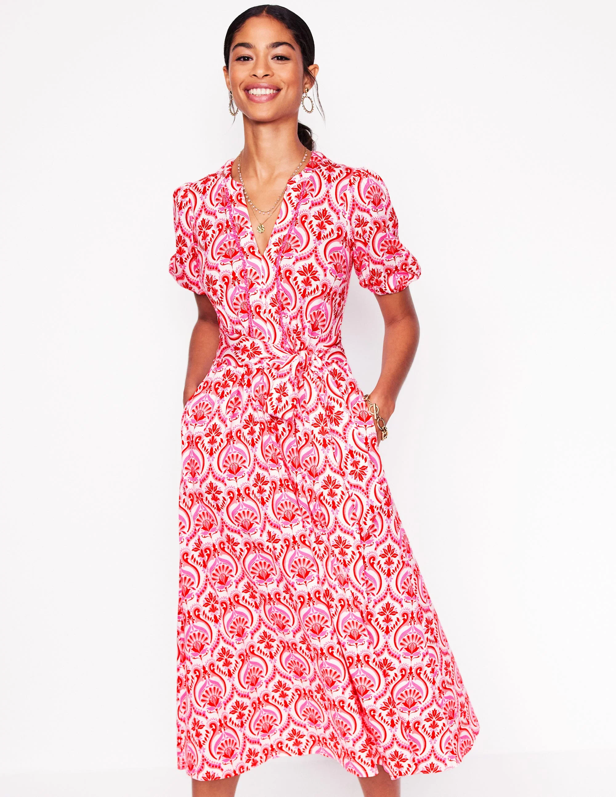 Sofia Trim Jersey Midi Dress-Poppy Red, Ornamental Floral
