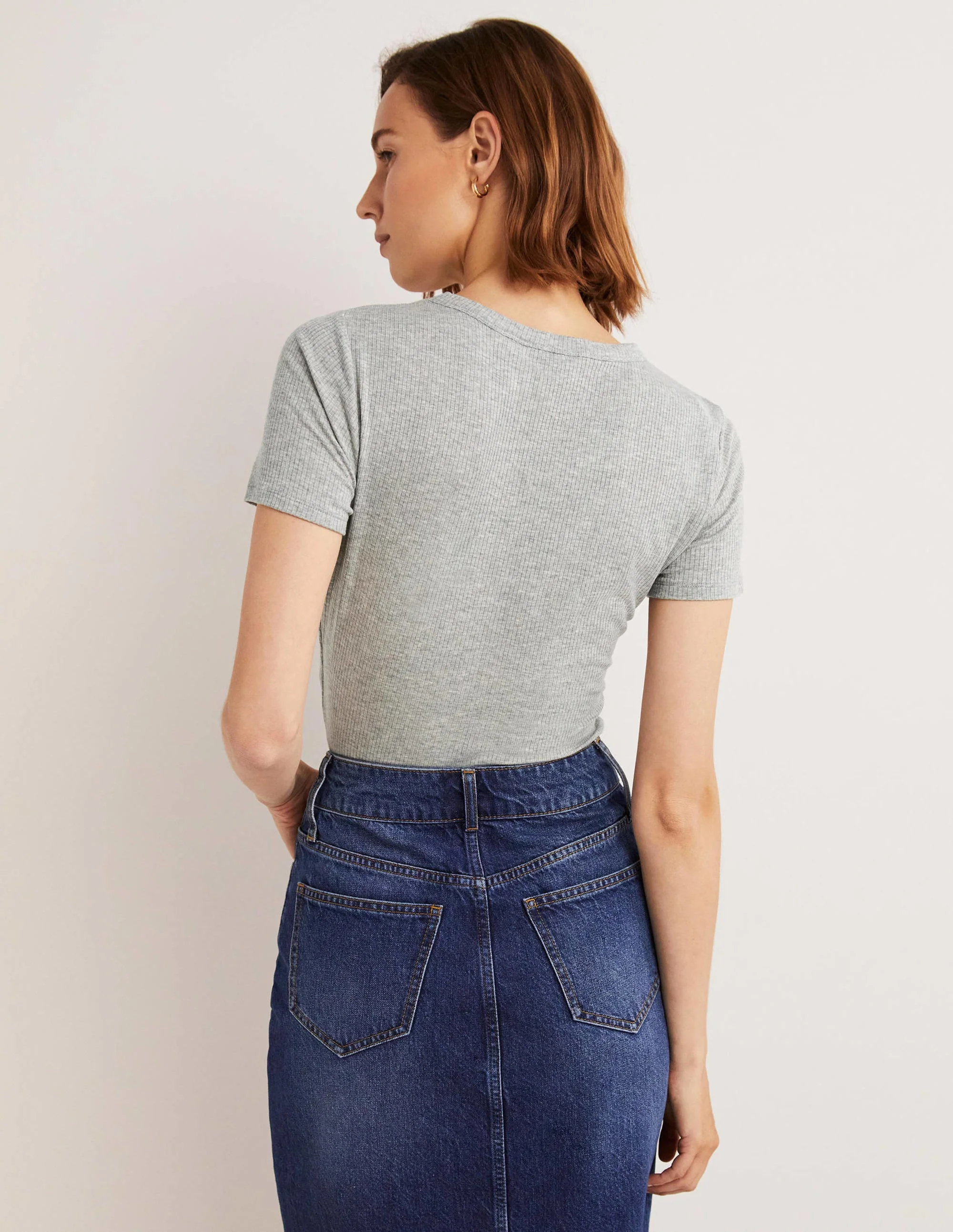 Soft Ribbed Crew Neck T-shirt-Grey Marl - Image 4