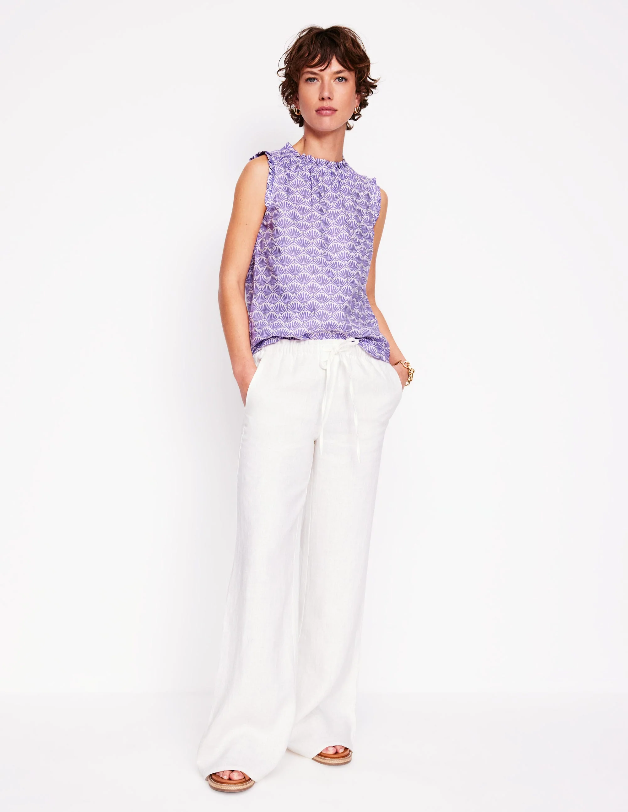 Sophie Ruffle Linen Top-Purple, Deco Palm - Image 2