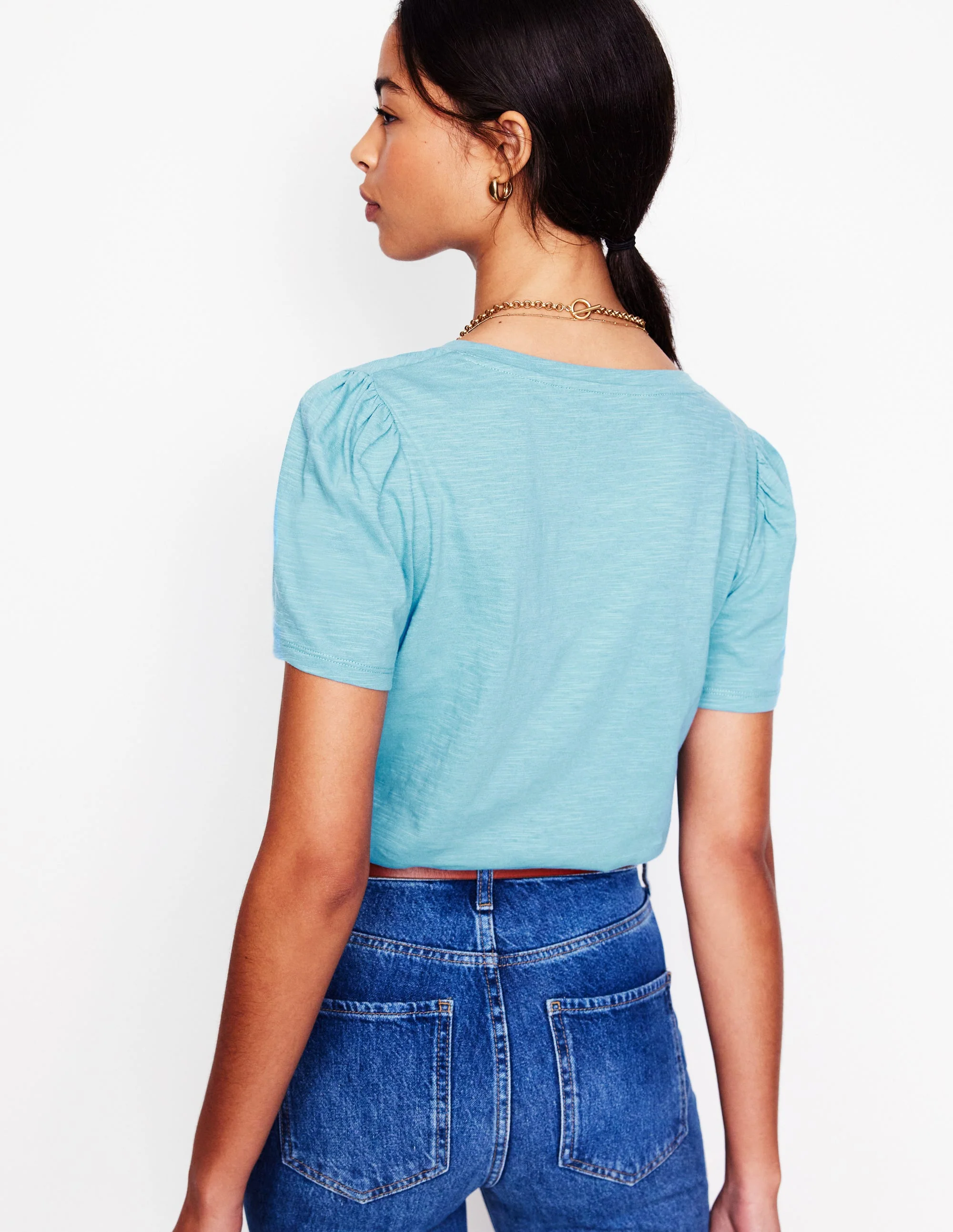 Sophie V-neck Slub T-shirt-Denim Blue, Wildflower Bouquet - Image 3