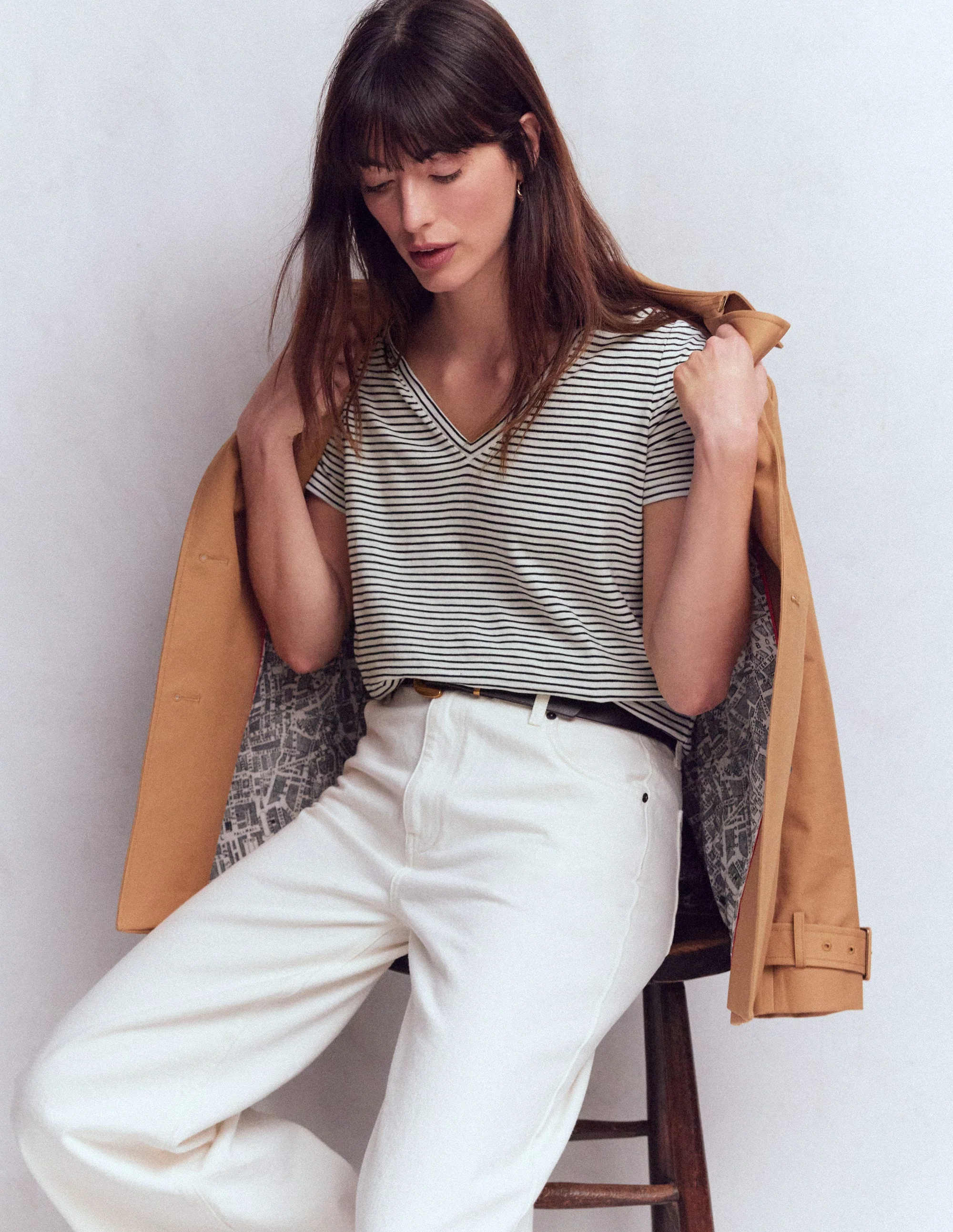 Sophie V-neck Slub T-shirt-Ivory, Navy Stripe - Image 4