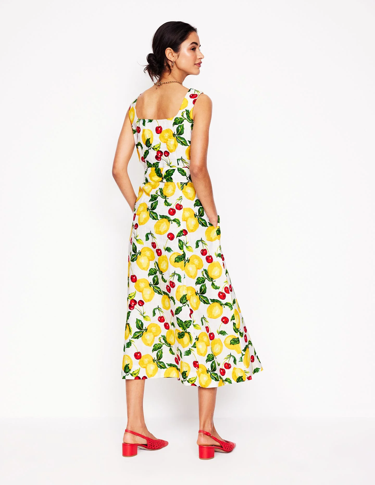 Square Neck Linen Midi Dress-Ivory, Cherries and Lemons - Image 4