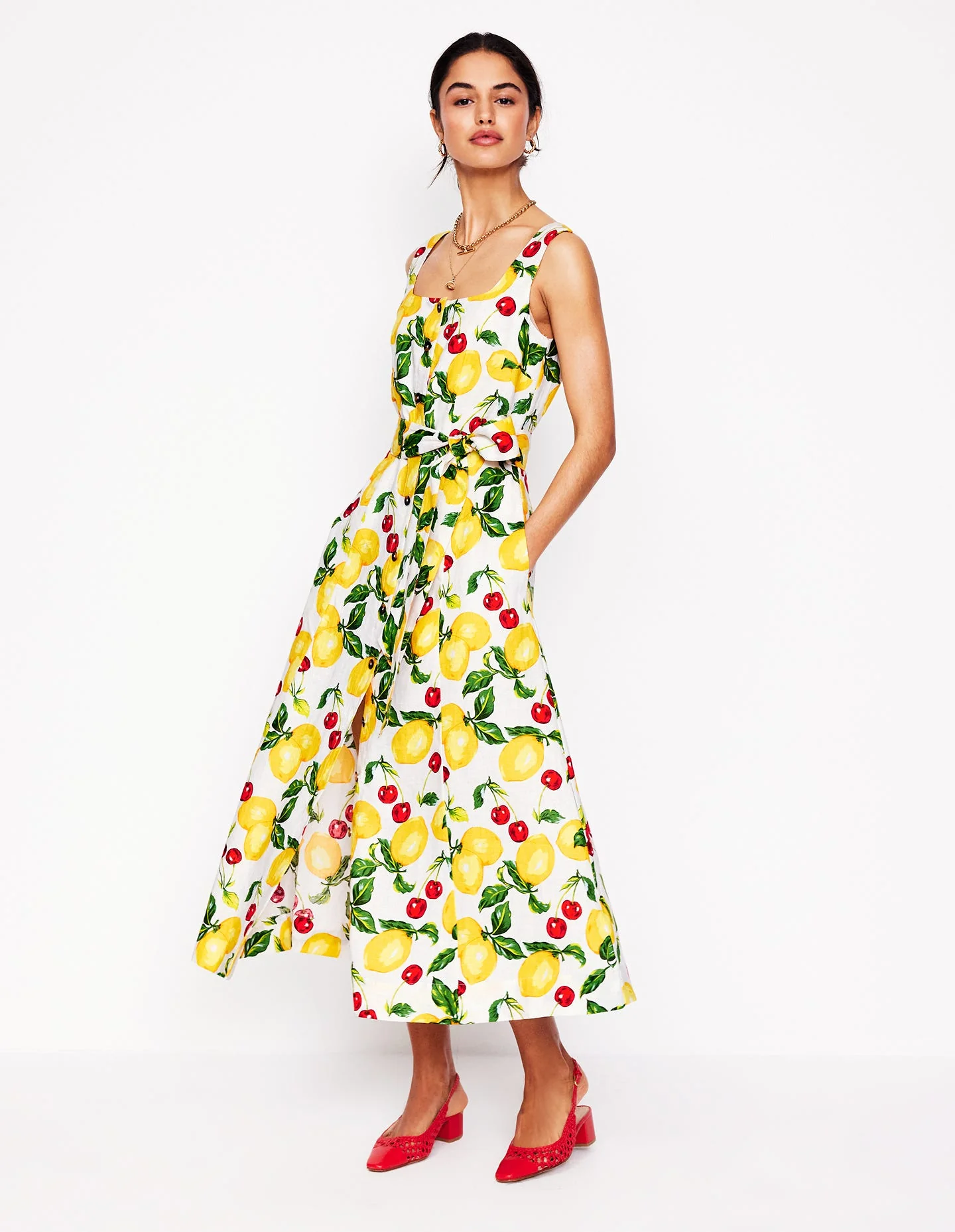 Square Neck Linen Midi Dress-Ivory, Cherries and Lemons - Image 5